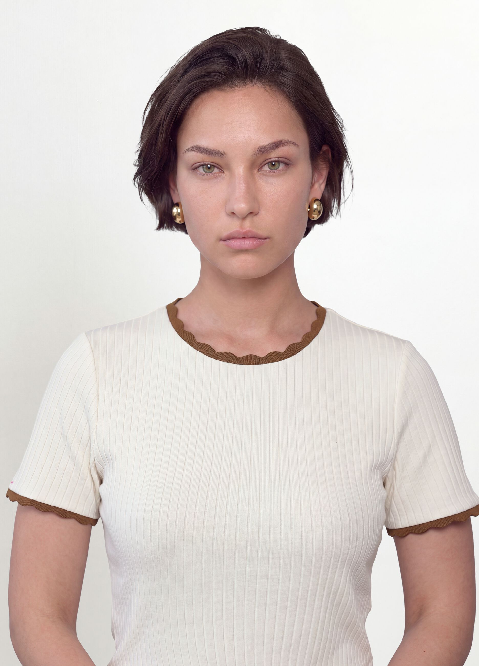 White stretch viscose crew-neck T-shirt with contrast trims