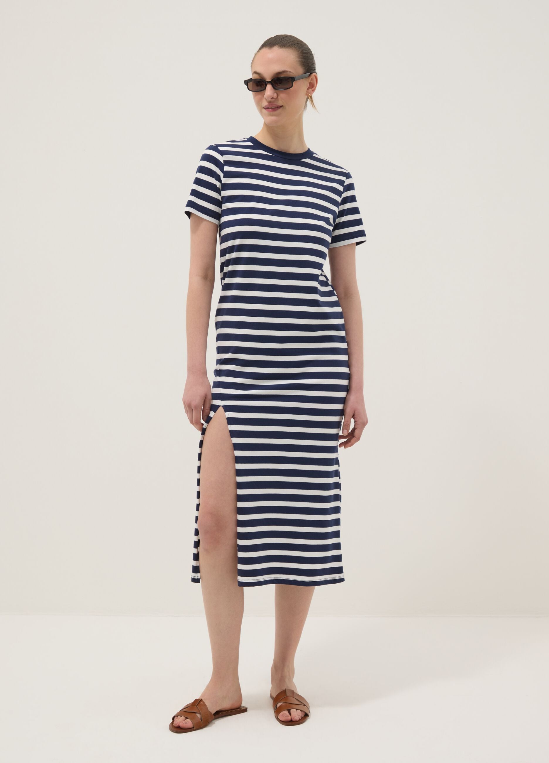 Blue striped stretch cotton maxi dress