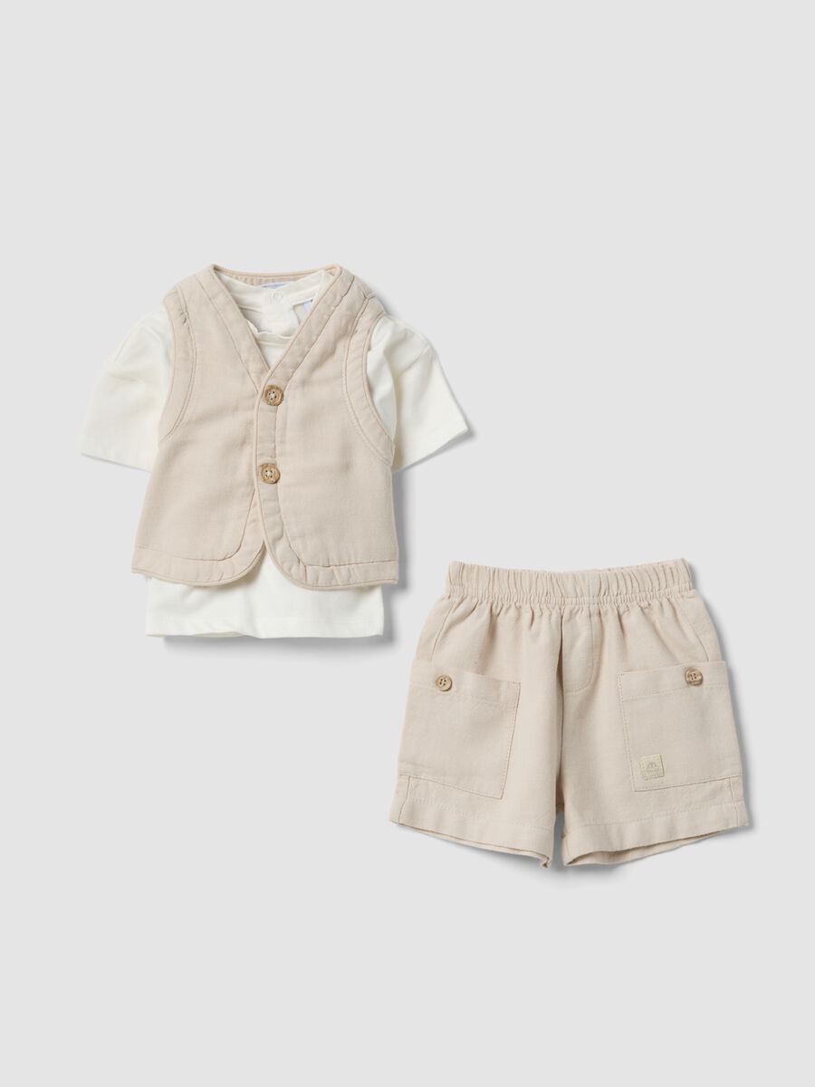 Set beige in misto cotone e lino per neonati_0
