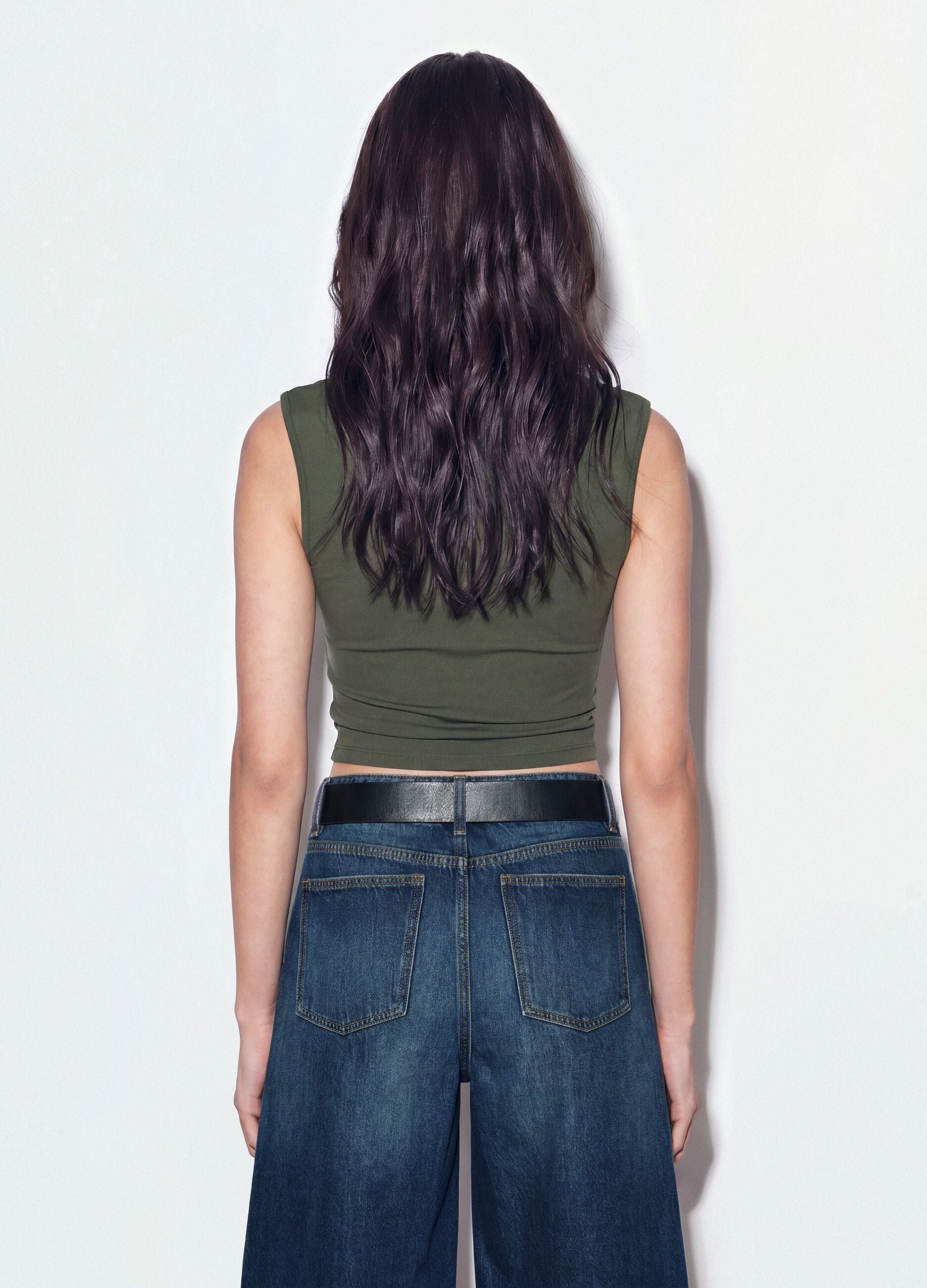 Green stretch tank top with side ruching