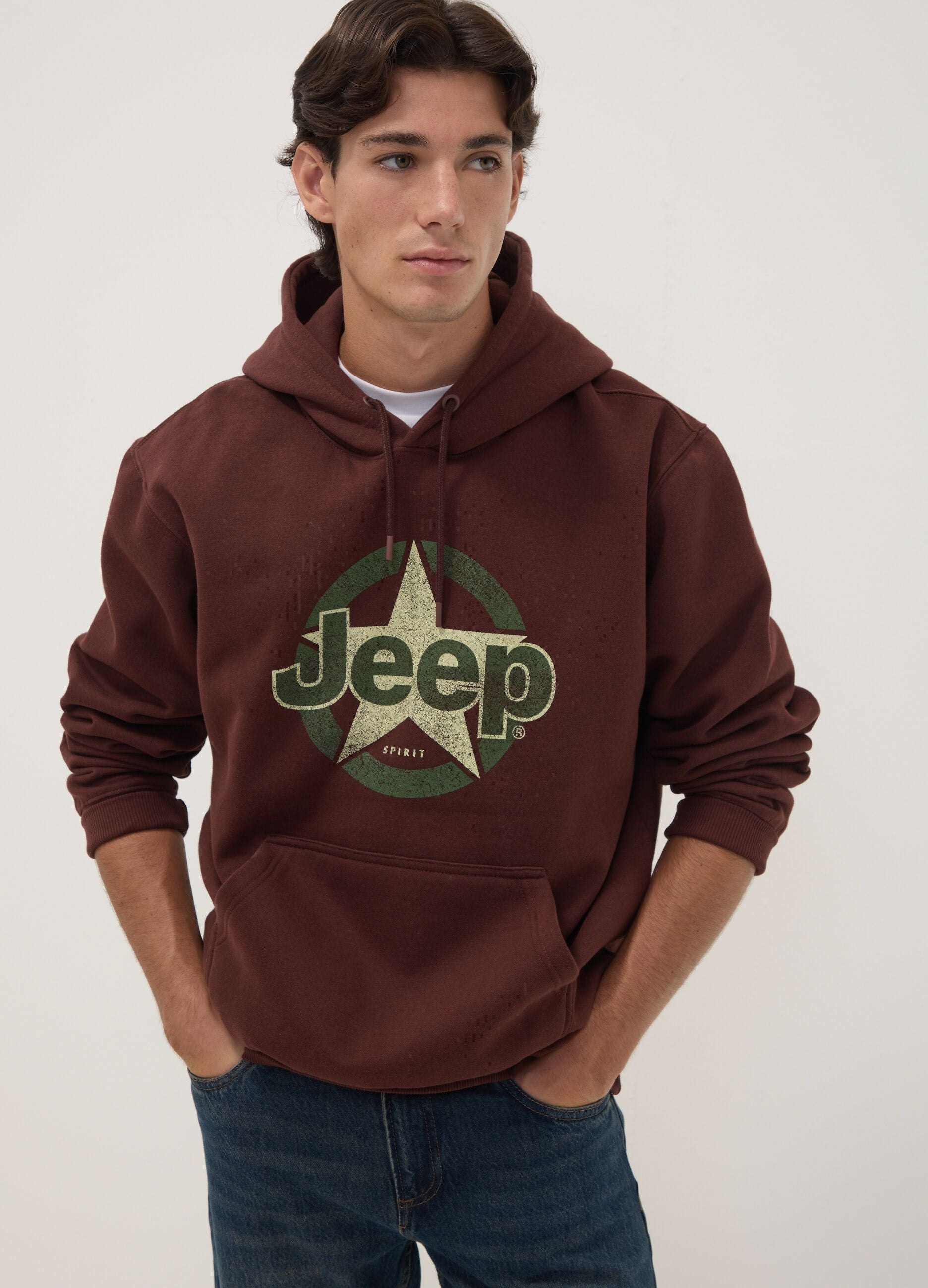 Brown cotton-blend hoodie with Jeep print, relaxed fit