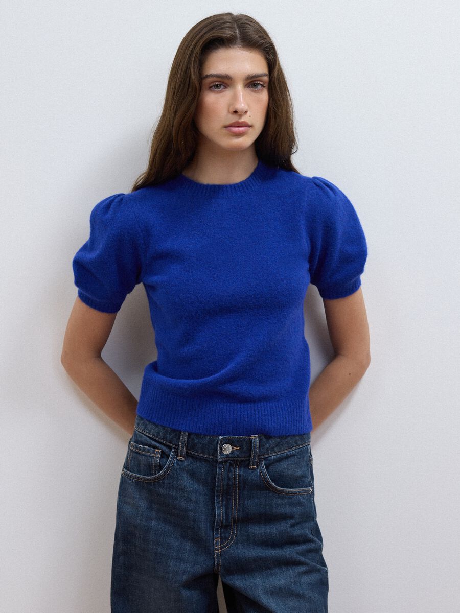 Blue stretch viscose crew-neck top, regular fit_1
