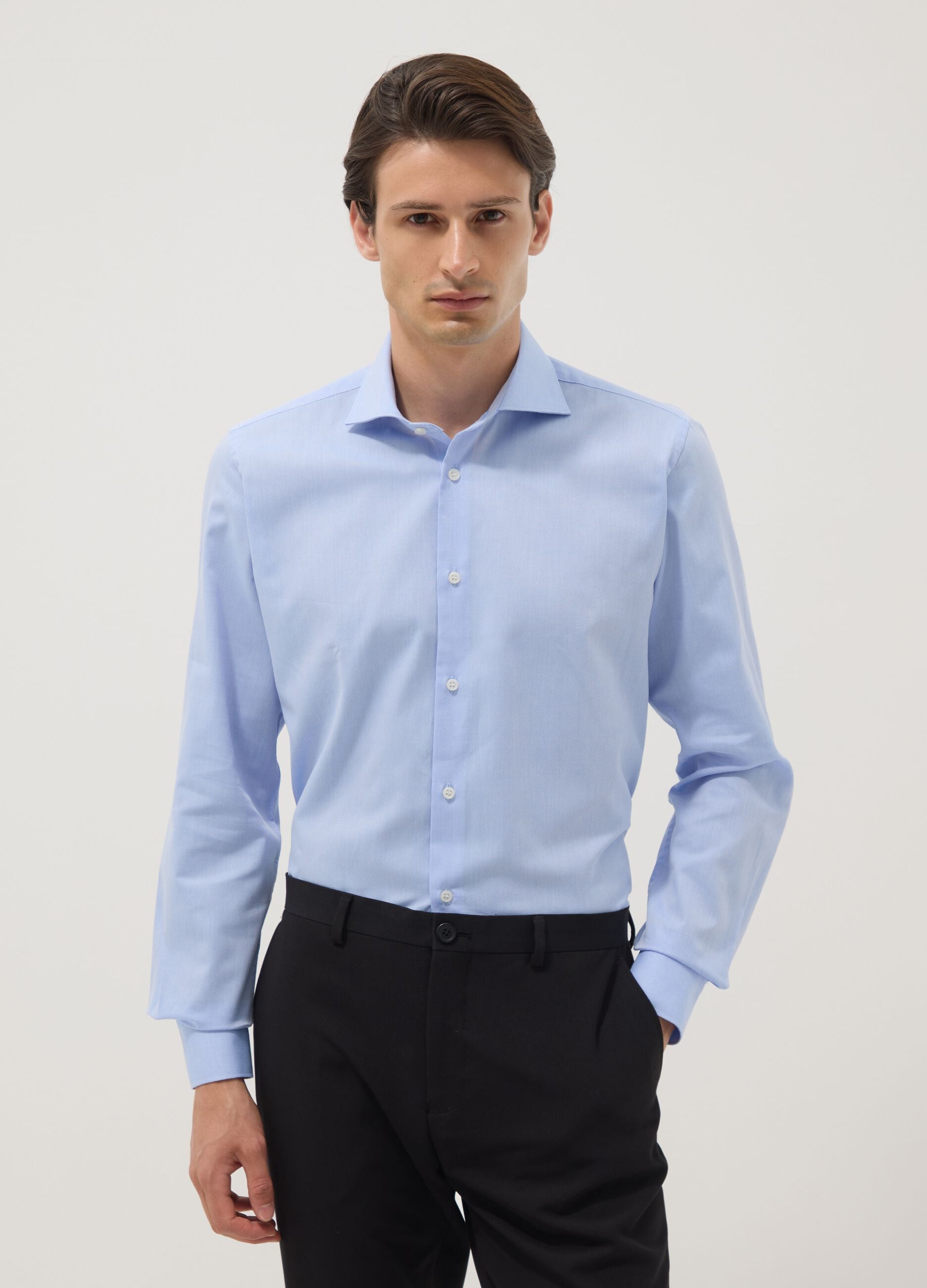 Light blue slim-fit cotton-blend shirt with French collar