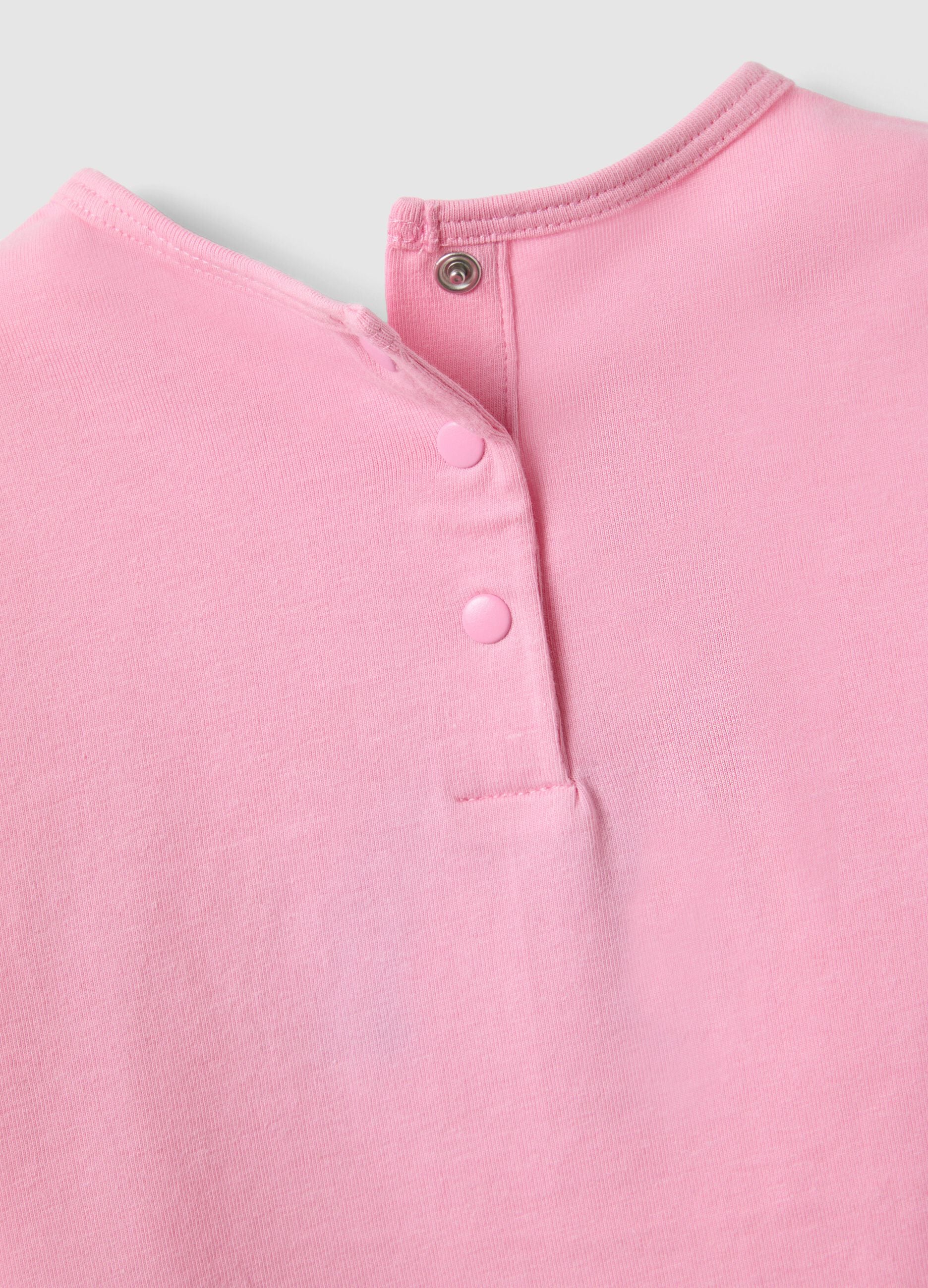 Pink stretchy cotton girl's T-shirt with rainbow embroidery