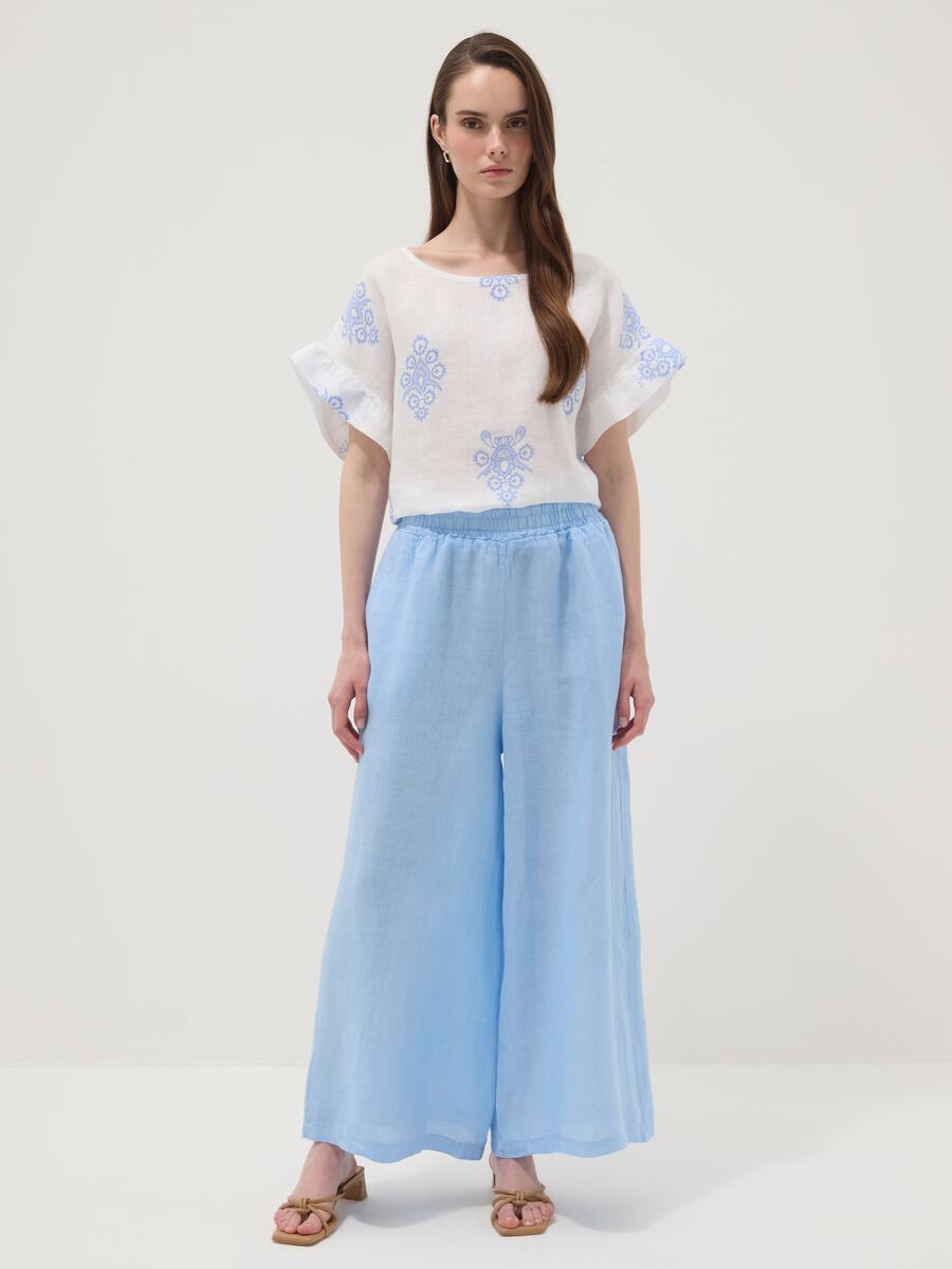 Light blue pure linen wide-leg trousers with a regular fit_0