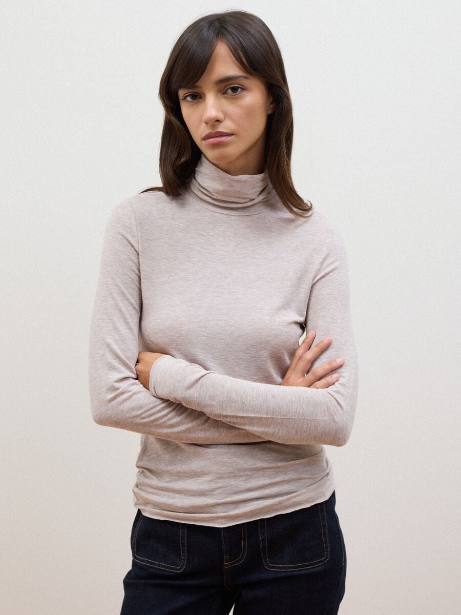 Beige modal and stretch wool T-shirt with raised collar, regular fit_0