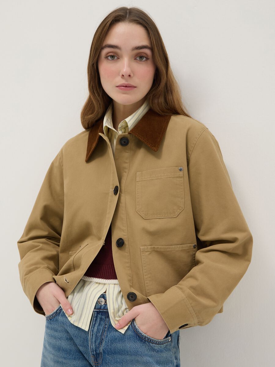 Regular fit beige pure cotton jacket with contrast collar_1