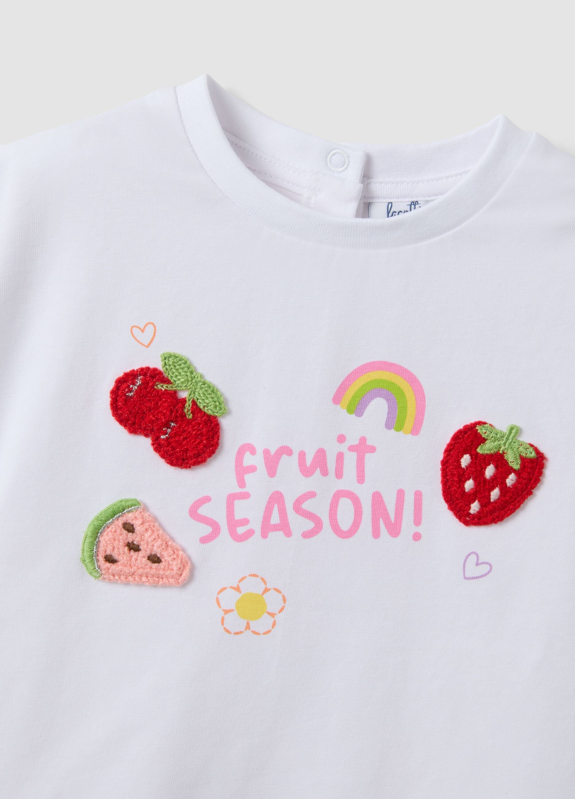 Girls' white stretch cotton T-shirt regular fit with embroidery