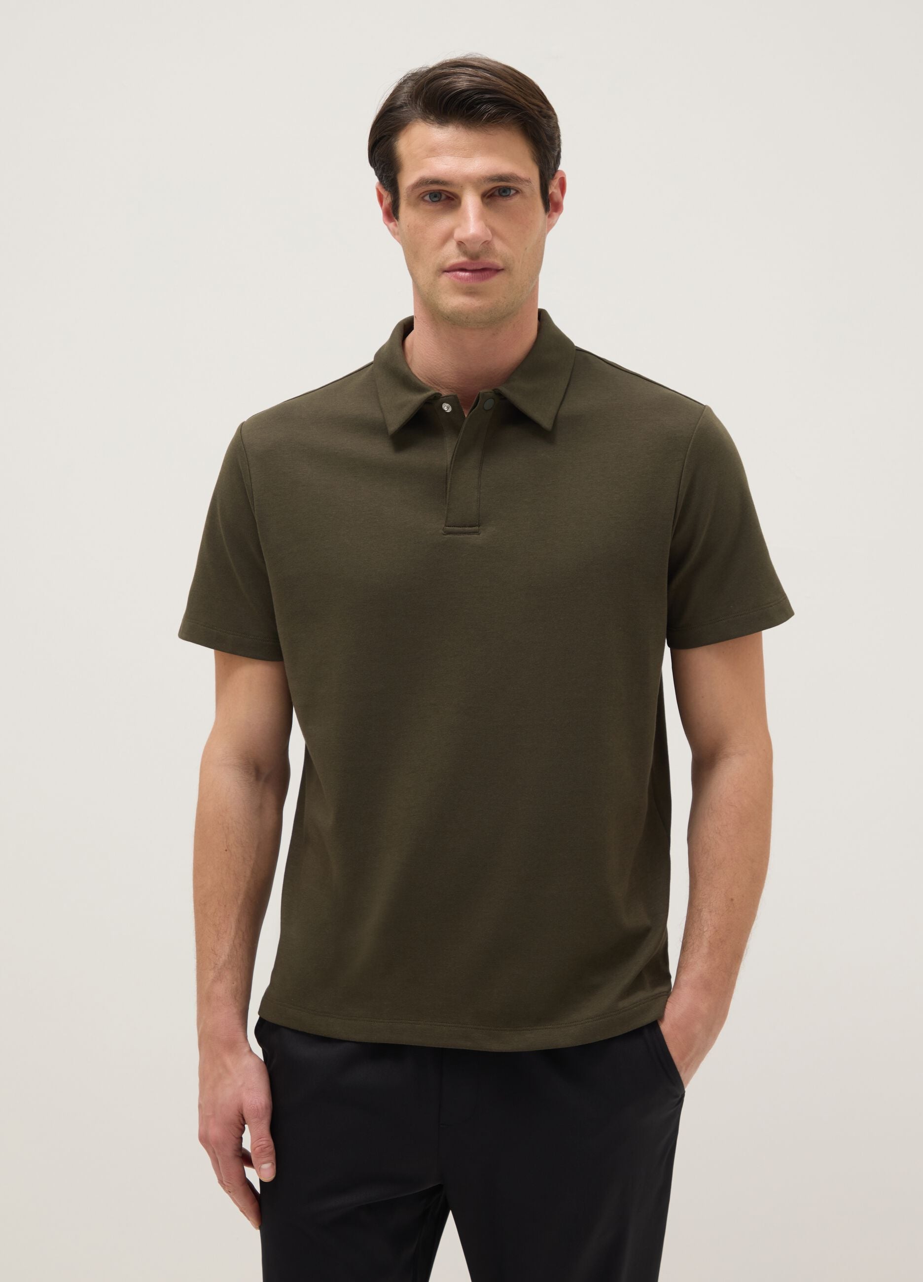 Green short-sleeved cotton blend polo shirt, regular fit