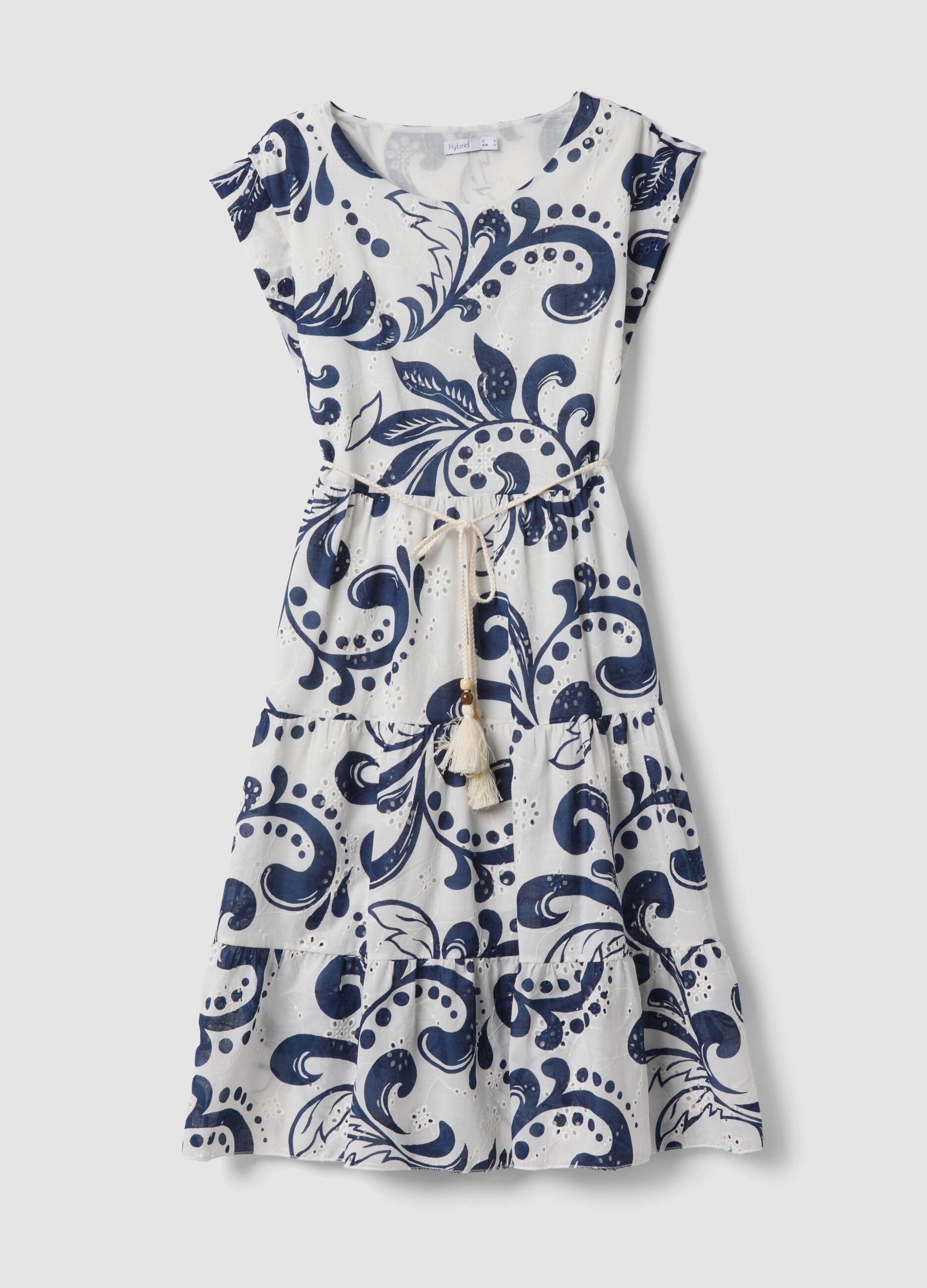 Blue and white pure cotton dress with all-over print and rope belt