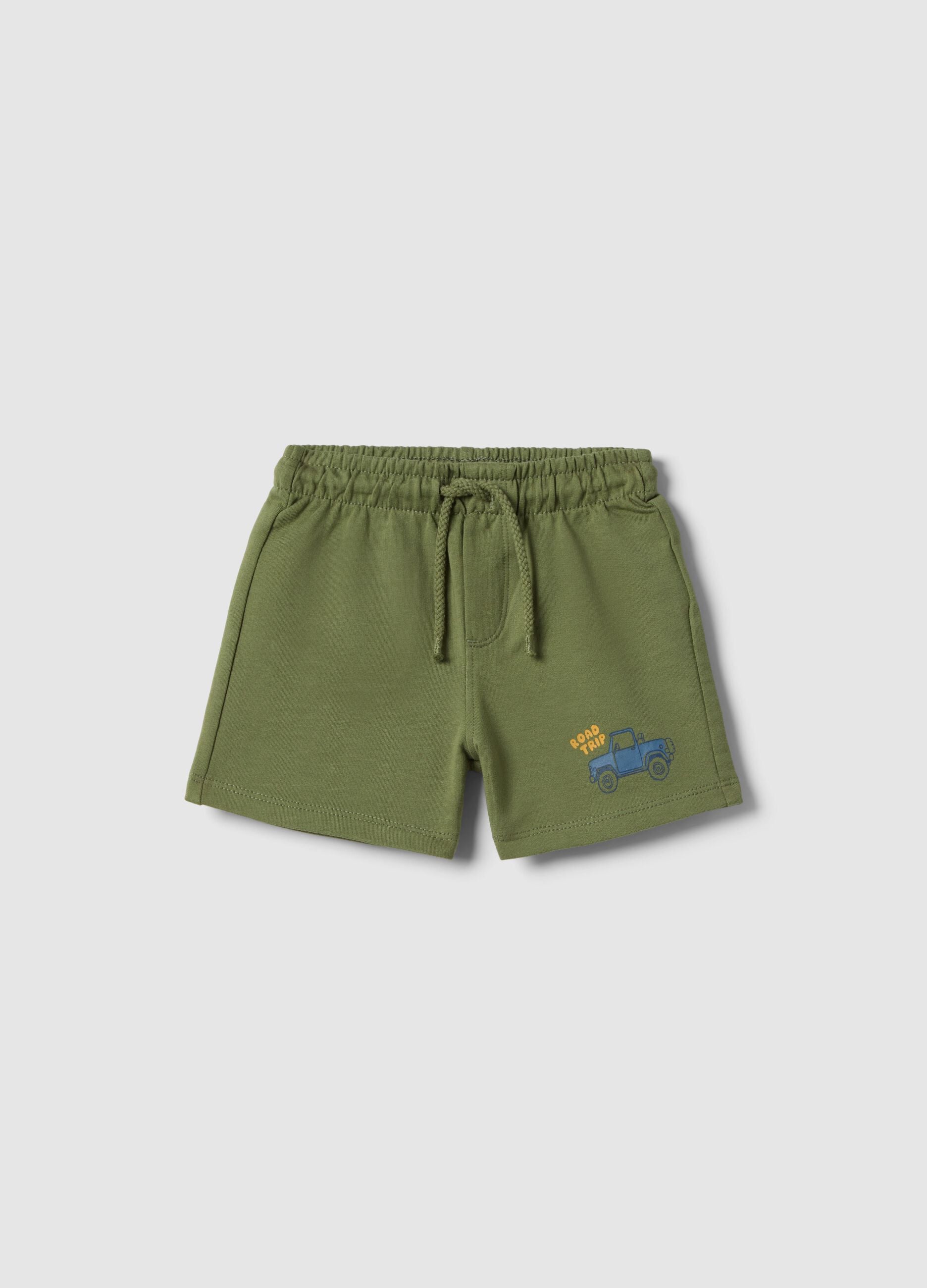Boys' green pure cotton shorts regular fit with car