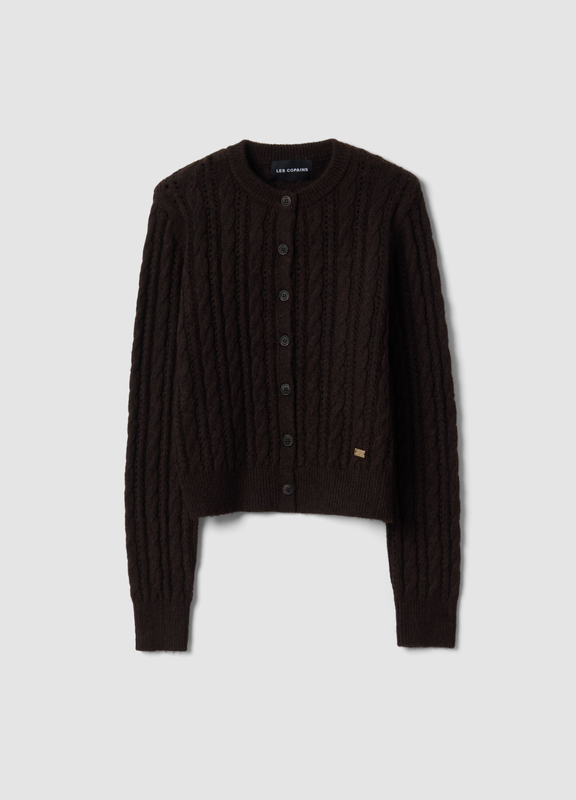Brown cable-knit wool-blend cardigan
