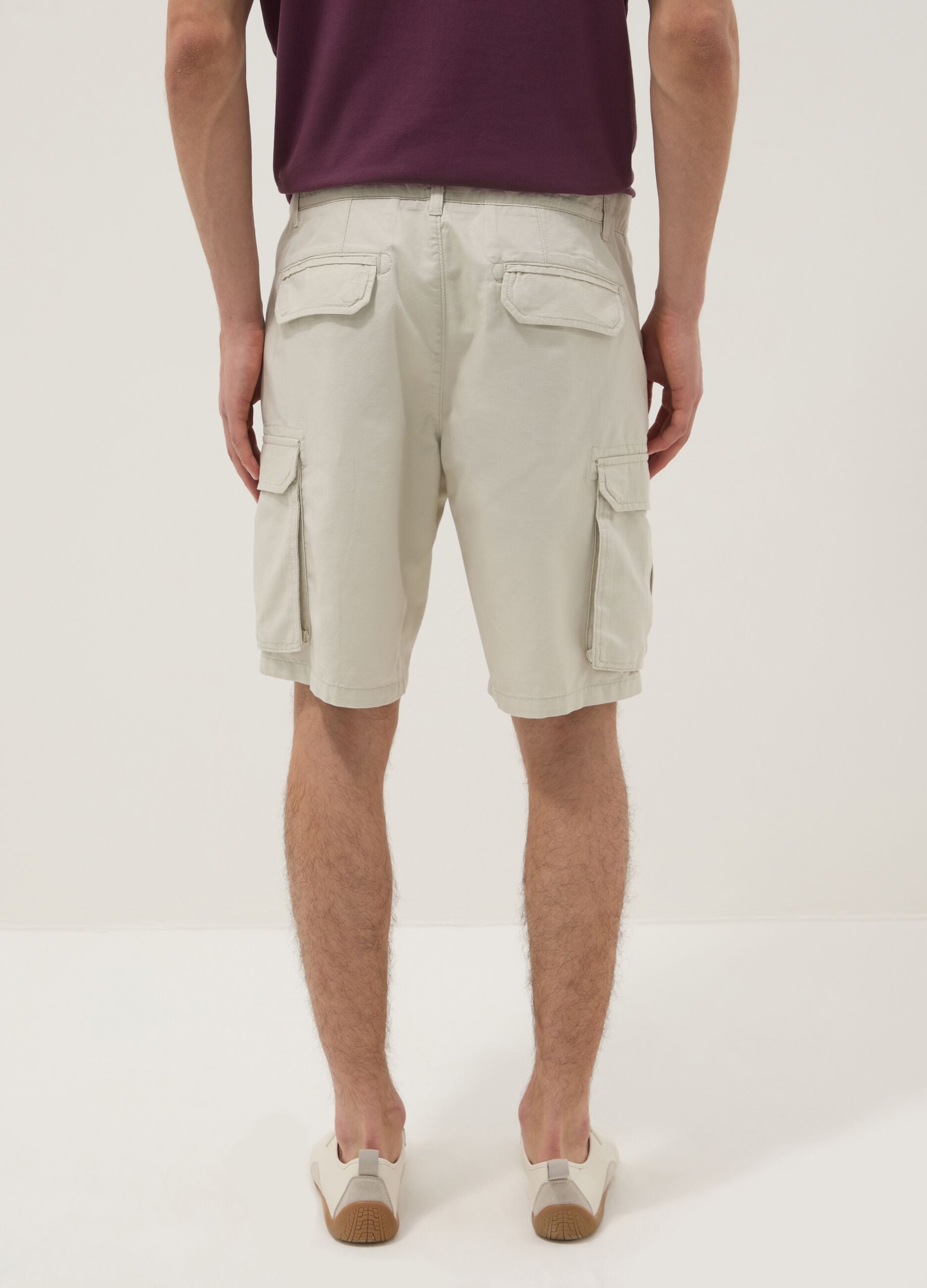 White pure cotton cargo Bermuda shorts, regular fit