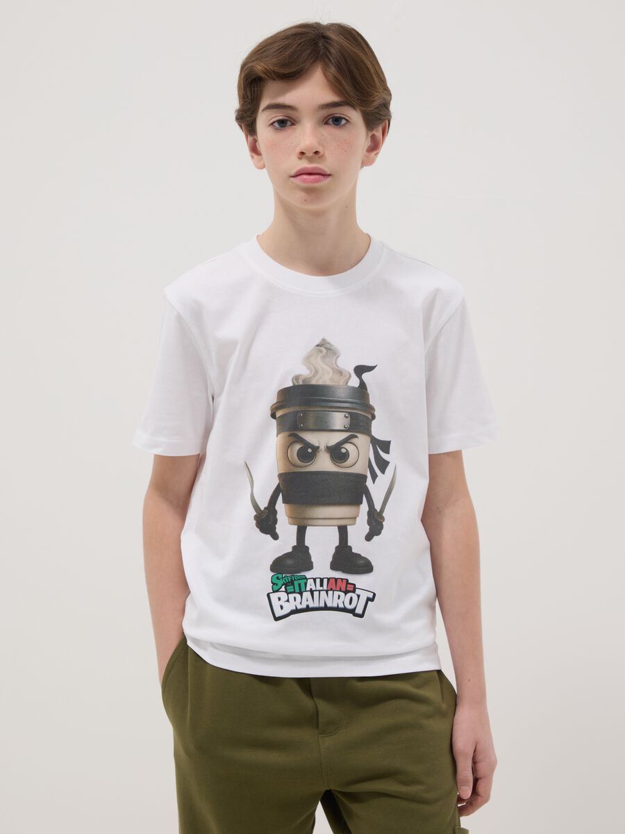T-shirt in puro cotone bianca da ragazzo regular fit con stampe_0