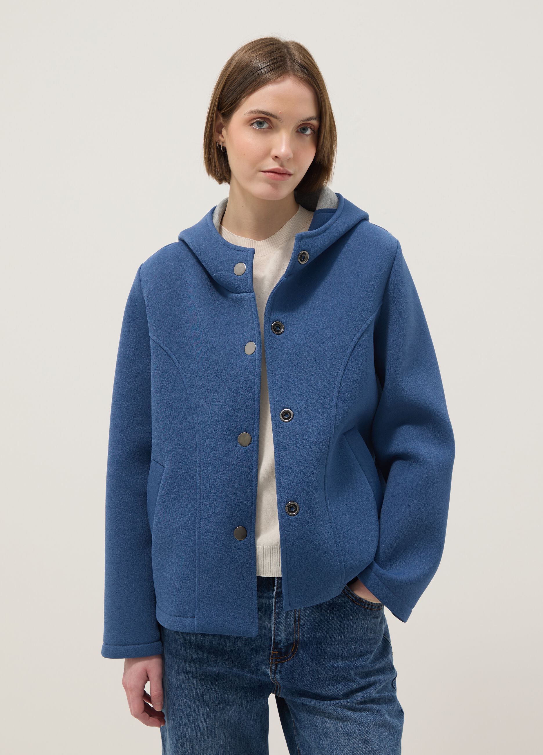 Blue regular fit jacket with hood and buttons