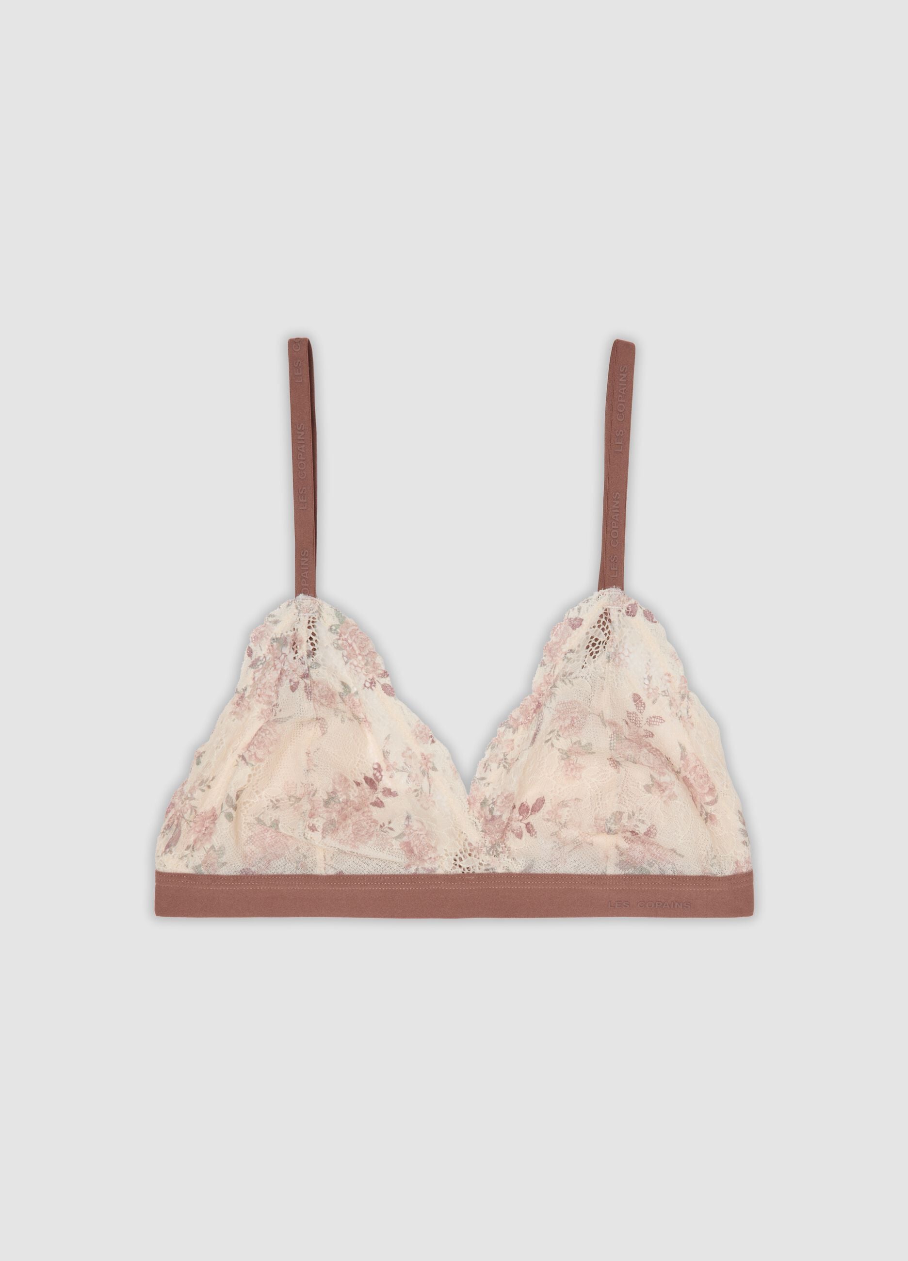 Beige bralette bra in stretch fabric with floral lace