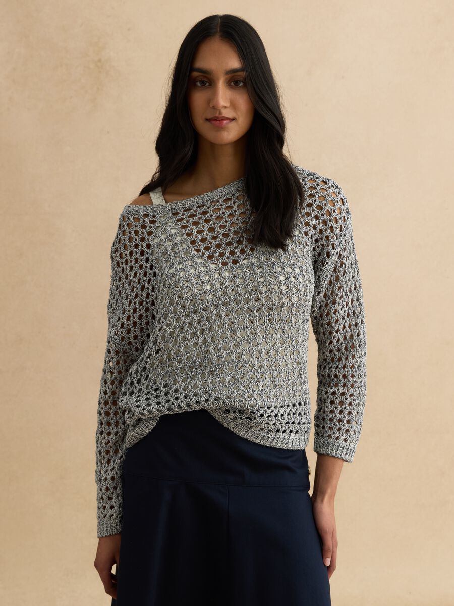Grey cotton blend jumper with mesh pattern_0