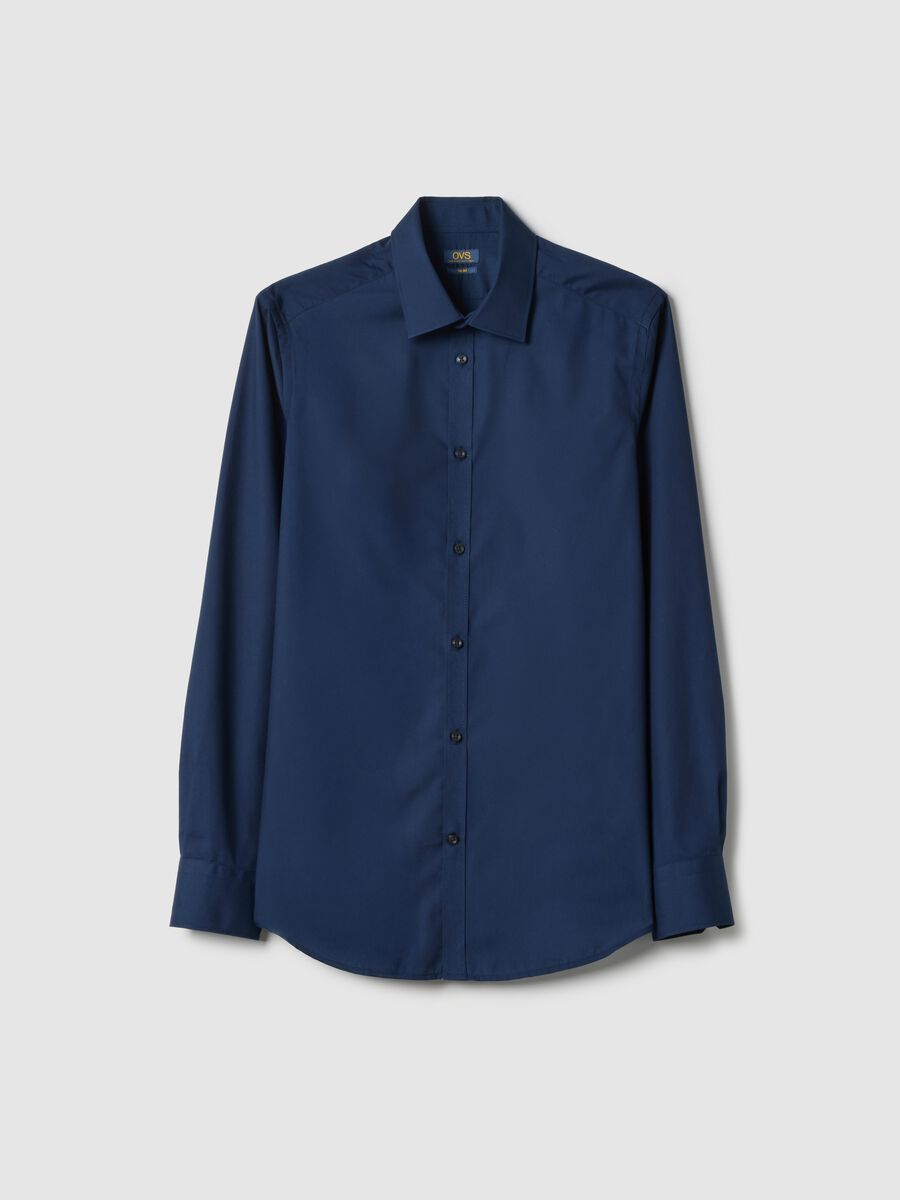 Blue cotton blend slim fit easy iron shirt_4