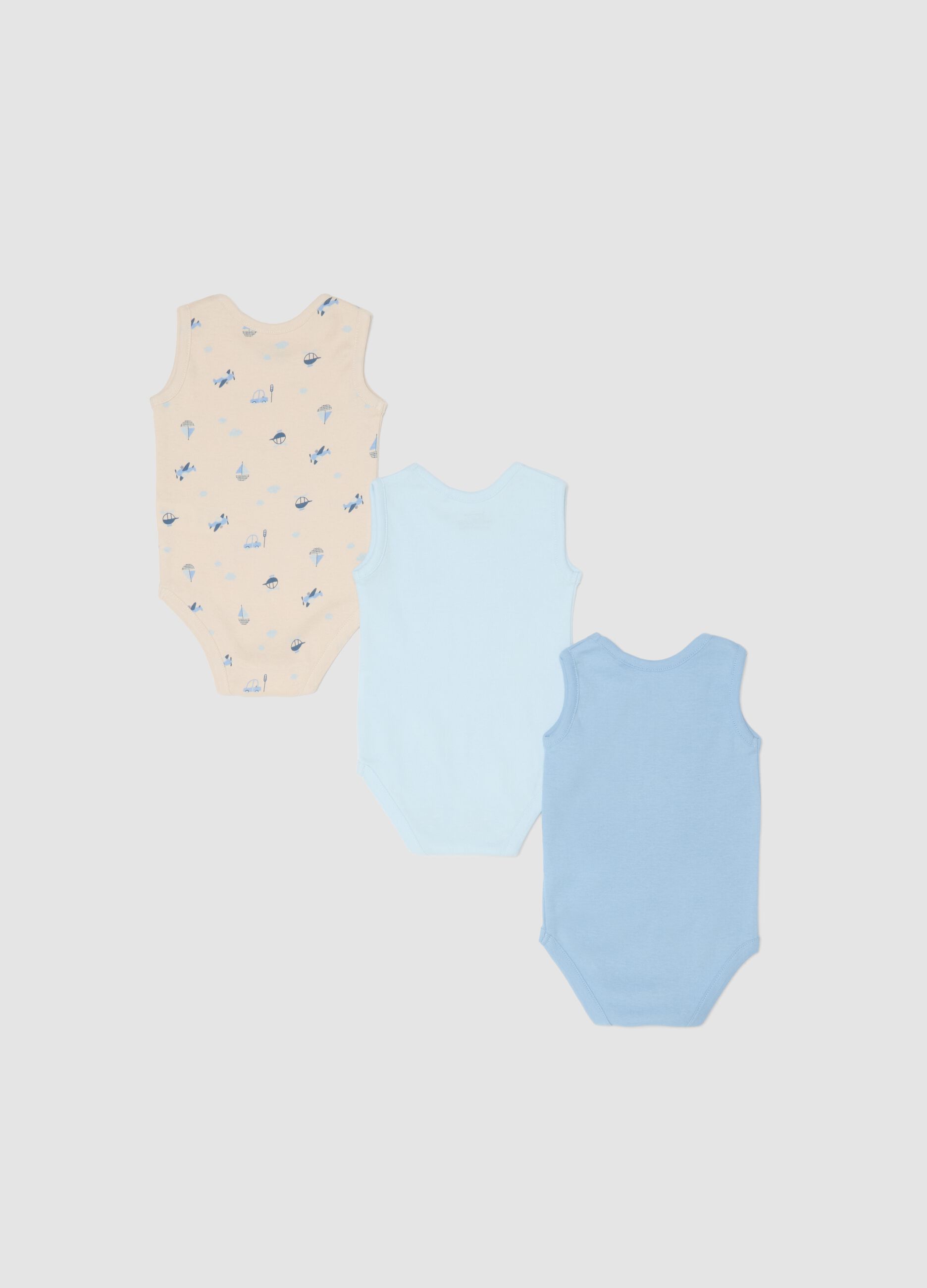 Three-pack sleeveless bodysuits in multicolour pure cotton for newborns