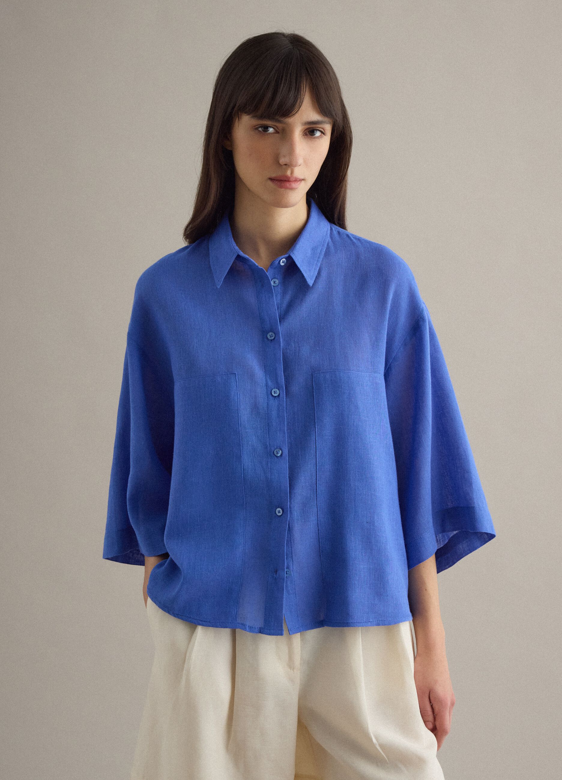 Blue Linen Blend Oversized Fit Shirt