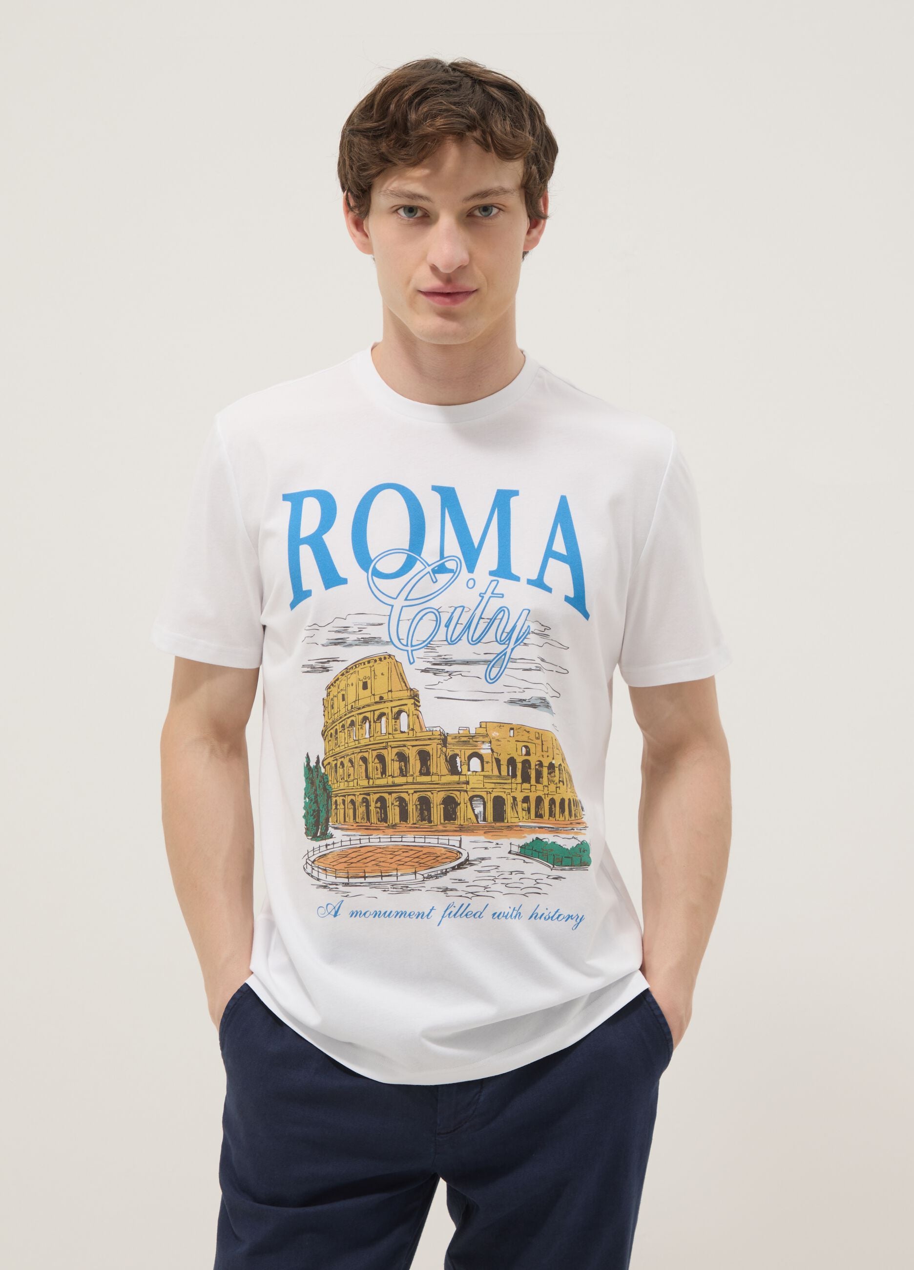 White pure cotton T-shirt with print, regular fit