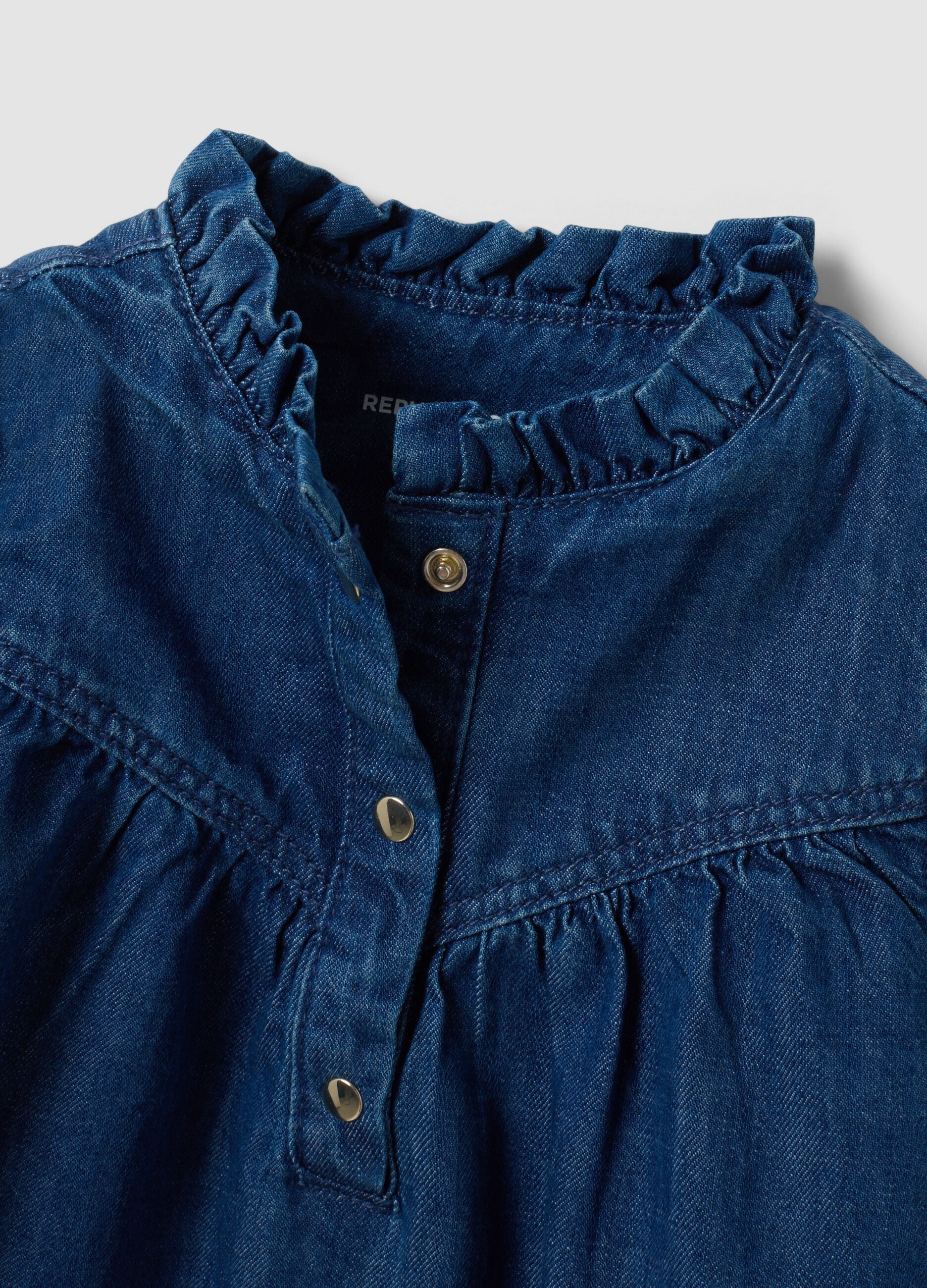 Blue wide-fit pure cotton dress with crew neck and ruffle for girls
