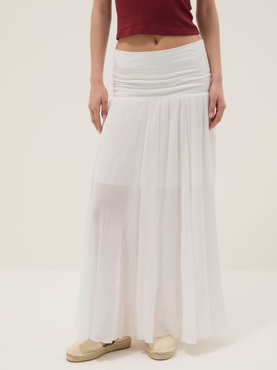 Long white pure cotton skirt with elasticated waist and sheer detailing_3