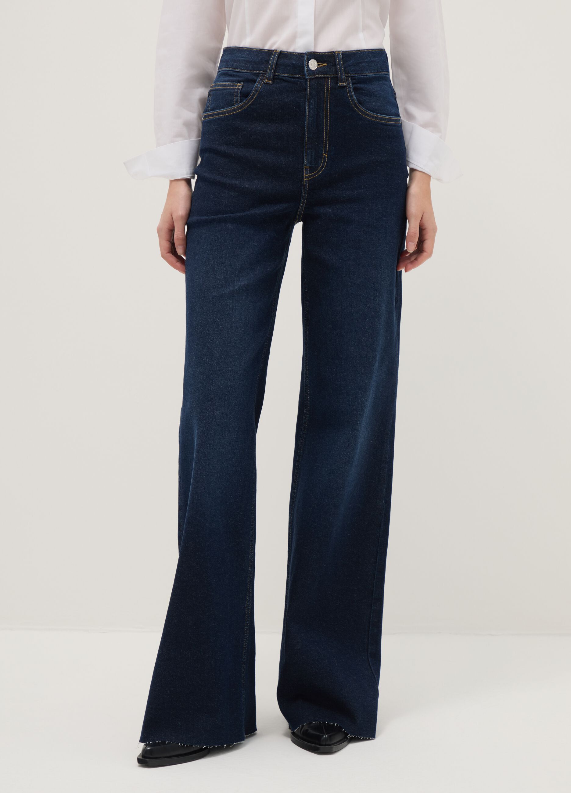 Blue Stretch Cotton Wide Leg Jeans
