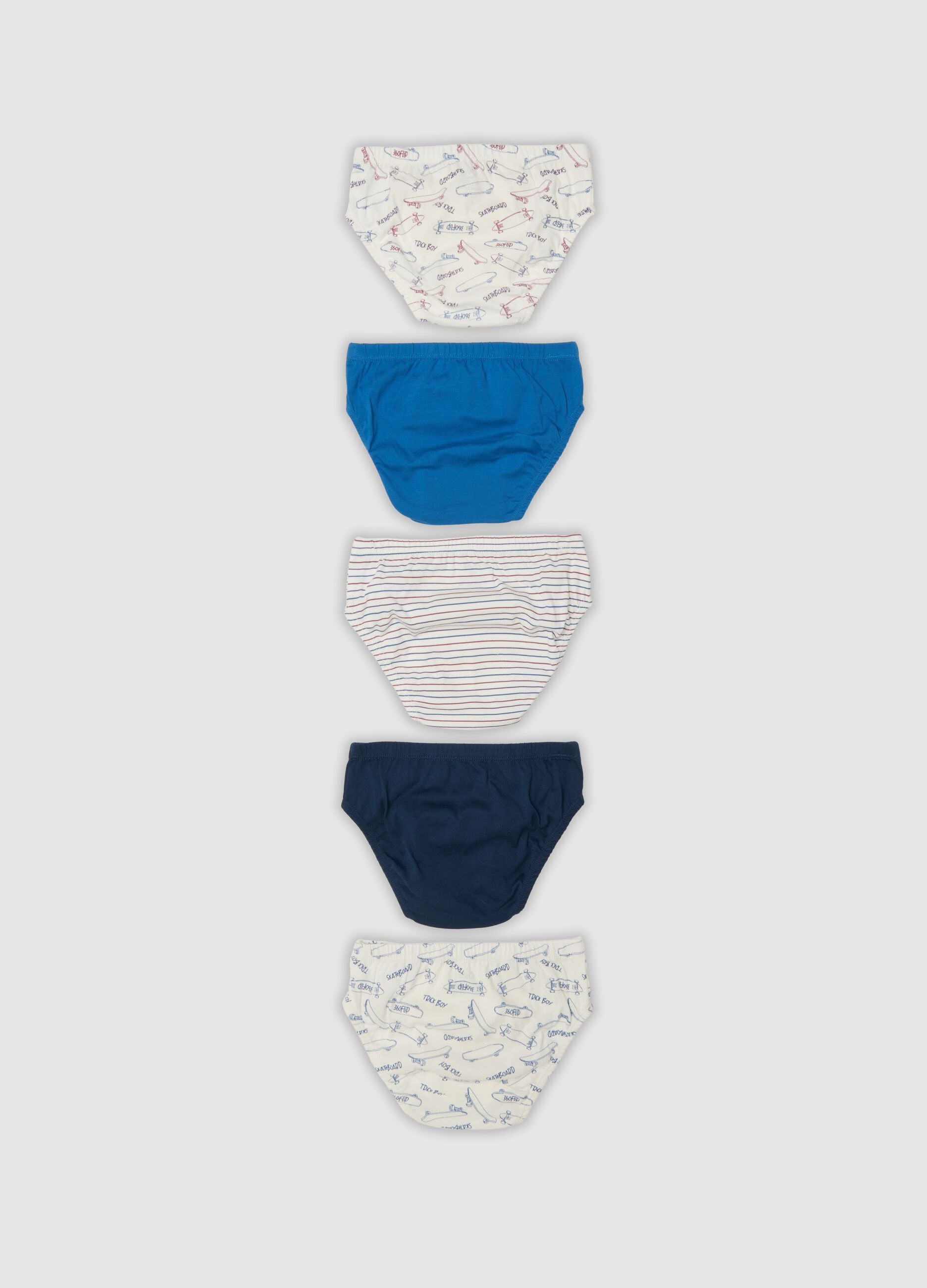 Pack of five multicoloured briefs in pure organic cotton with skate print