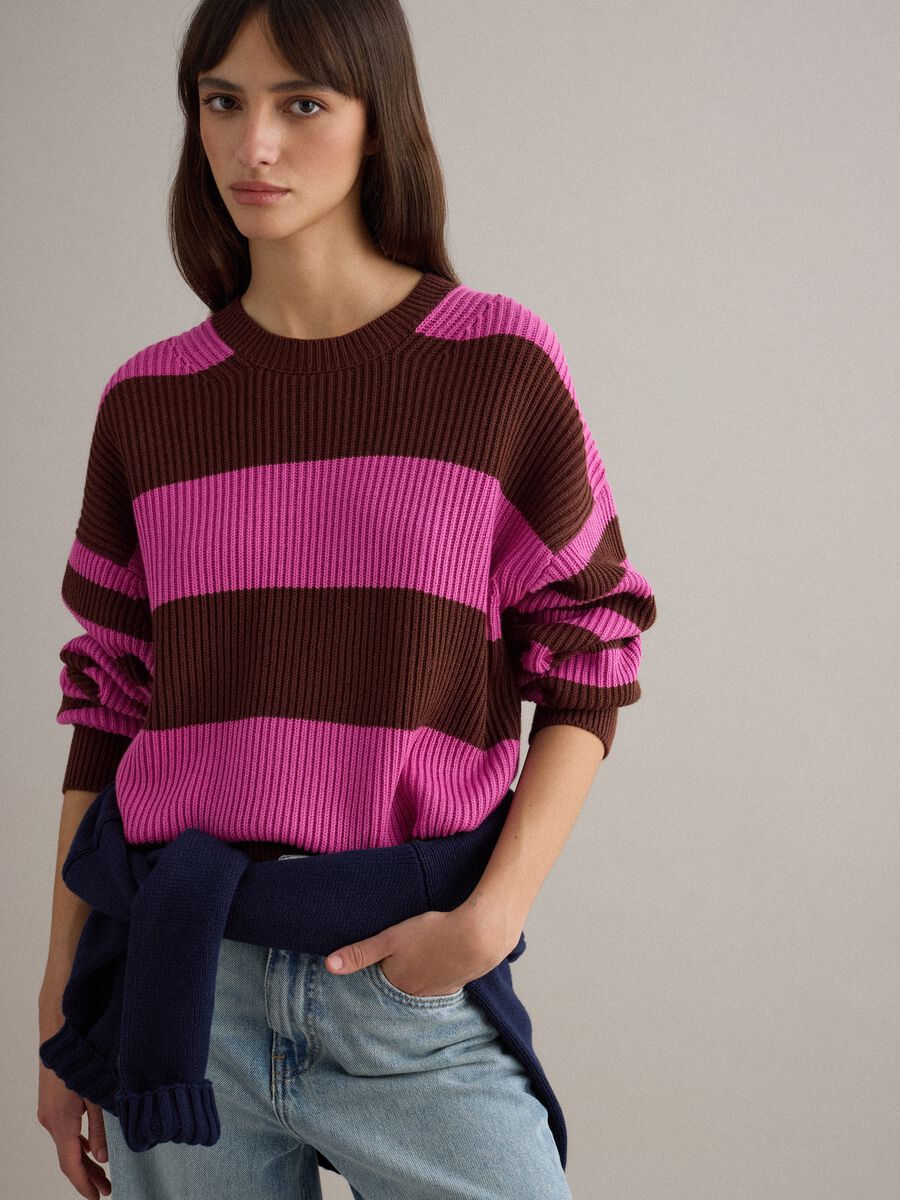 Maglione girocollo a righe multicolor in misto cotone regular fit_0