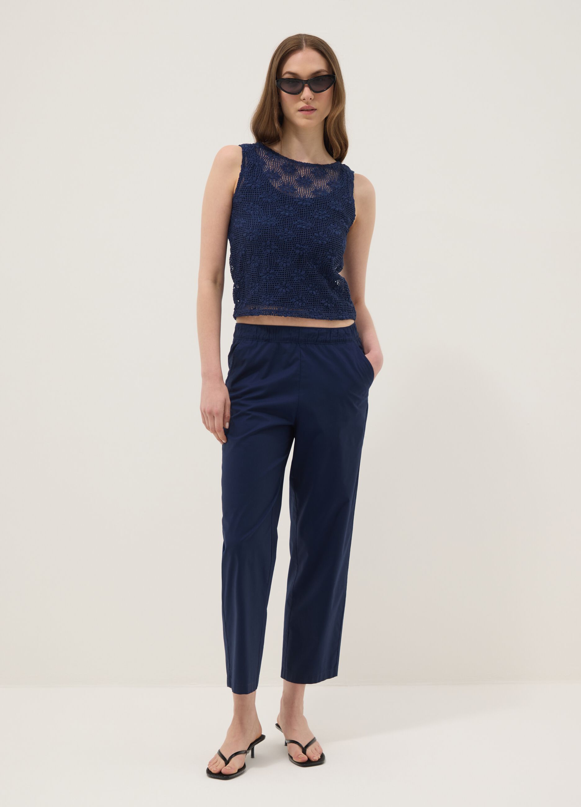 Blue stretch cotton trousers with elasticated waist