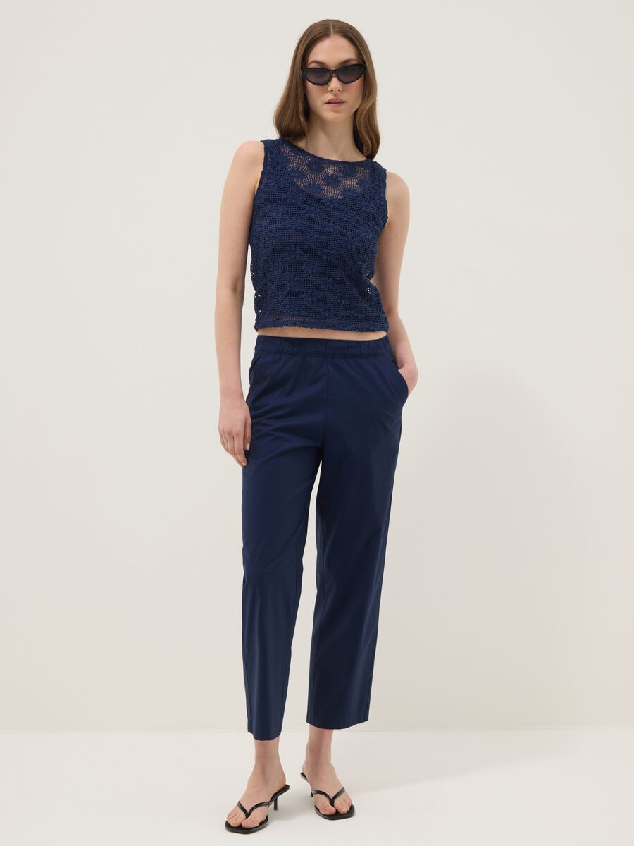 Blue stretch cotton trousers with elasticated waist_0