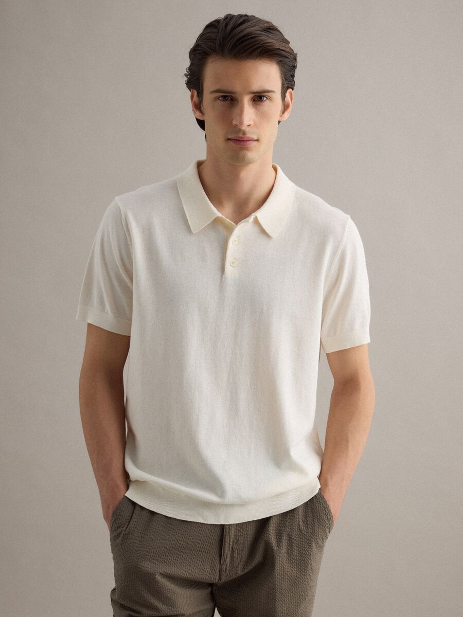 Regular fit white polo in cotton, linen, and silk blend_3