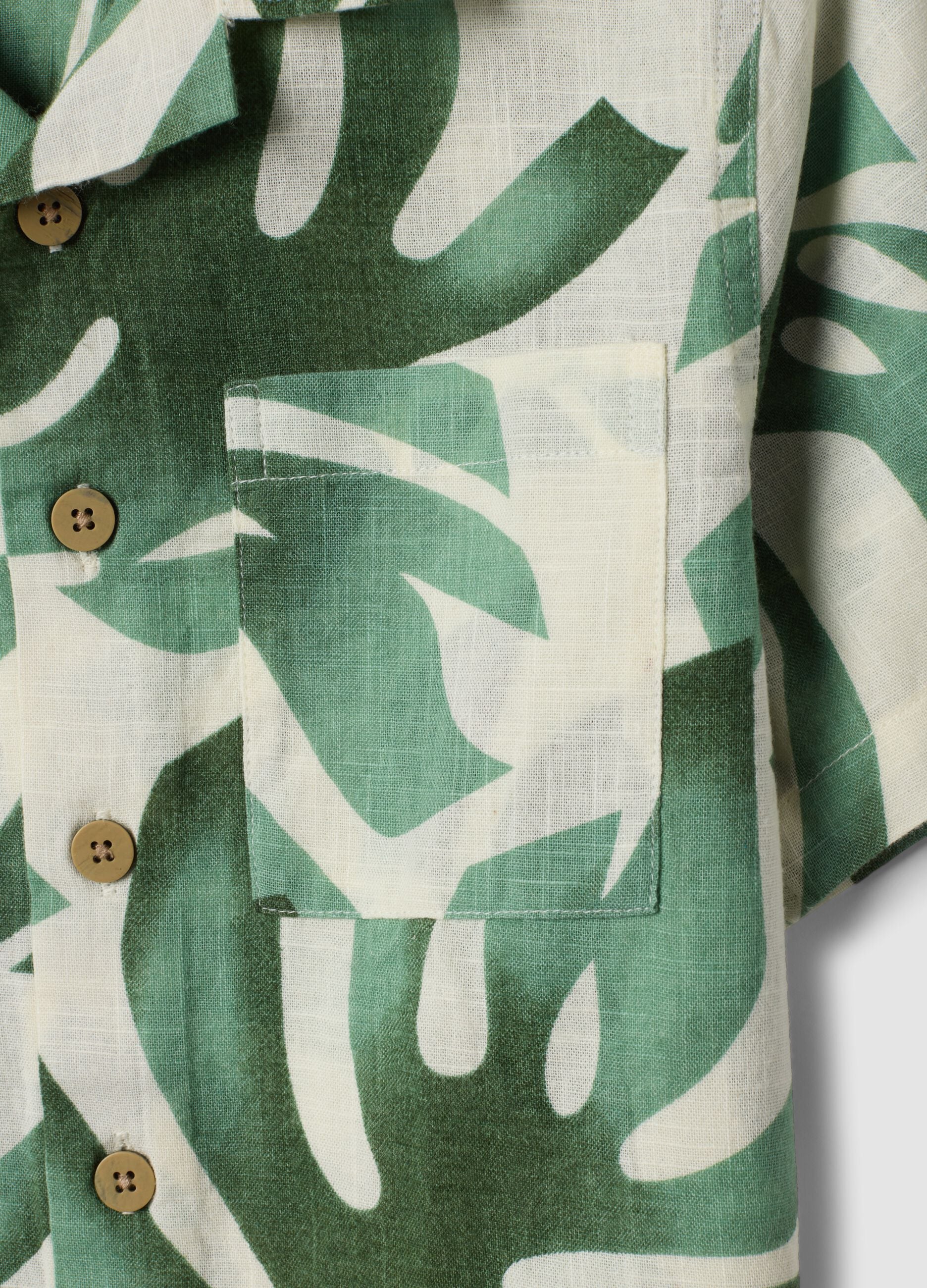 Green pure cotton shirt with tropical print