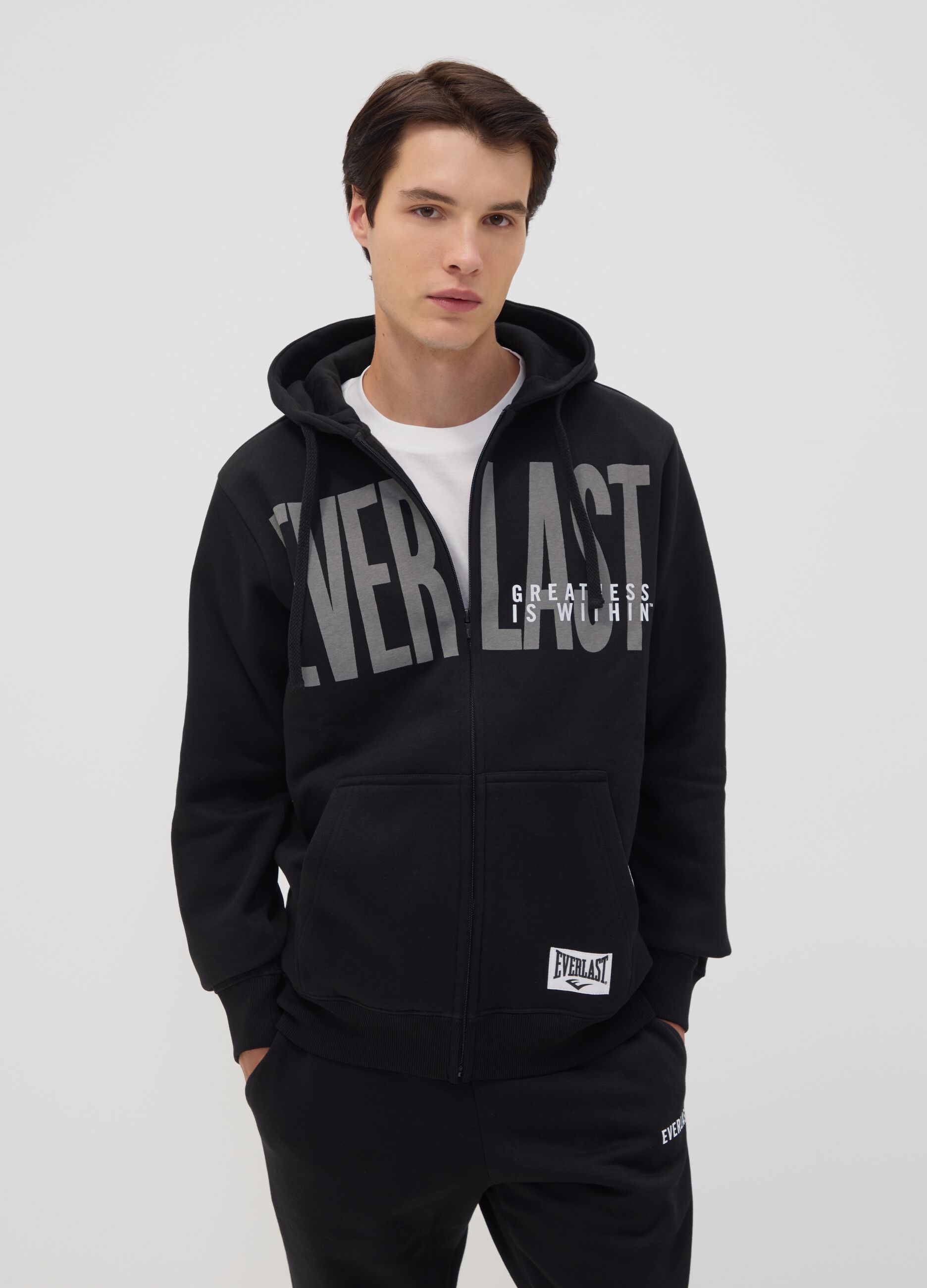 Black cotton-blend zip-up hoodie