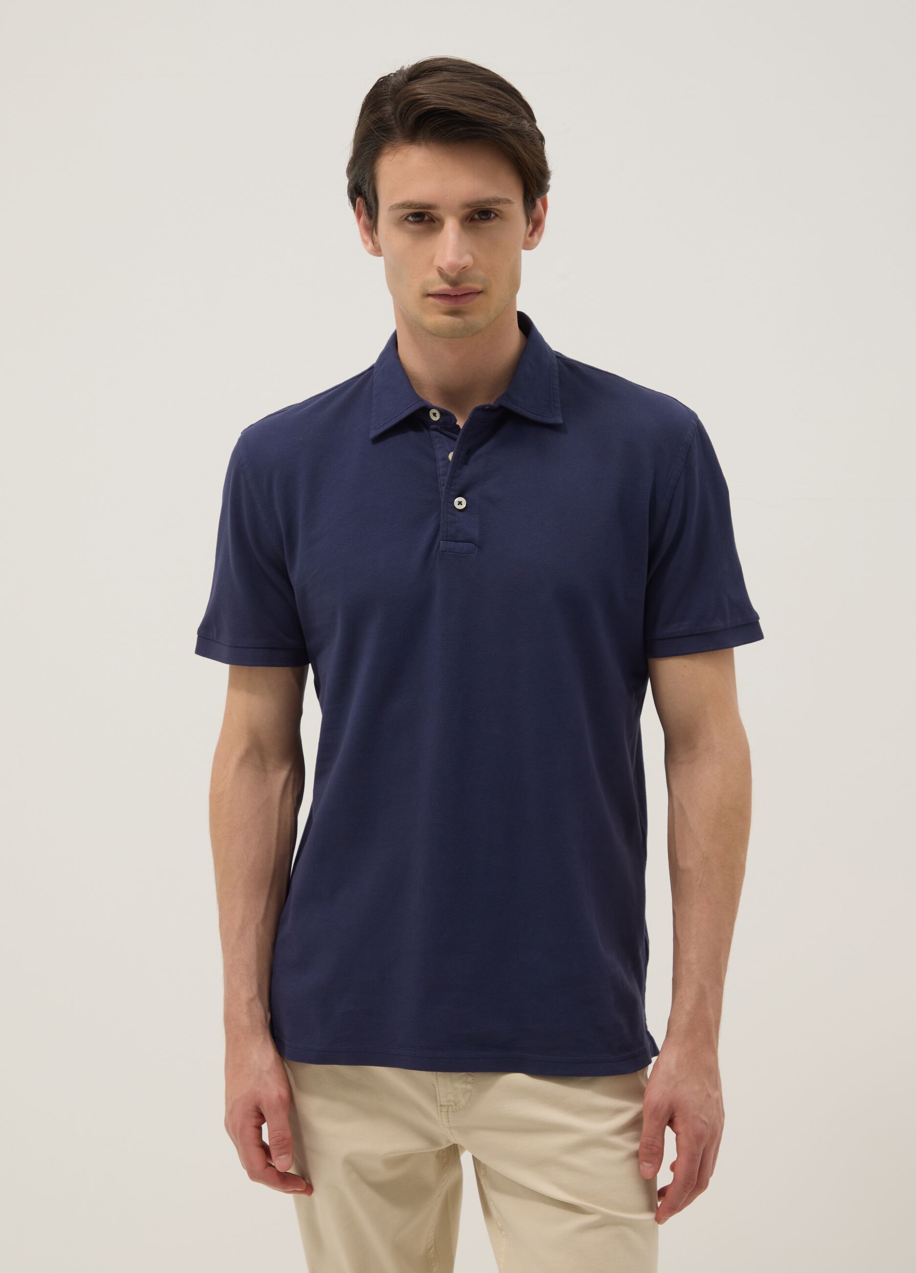 Blue pure cotton slim-fit short-sleeved polo shirt