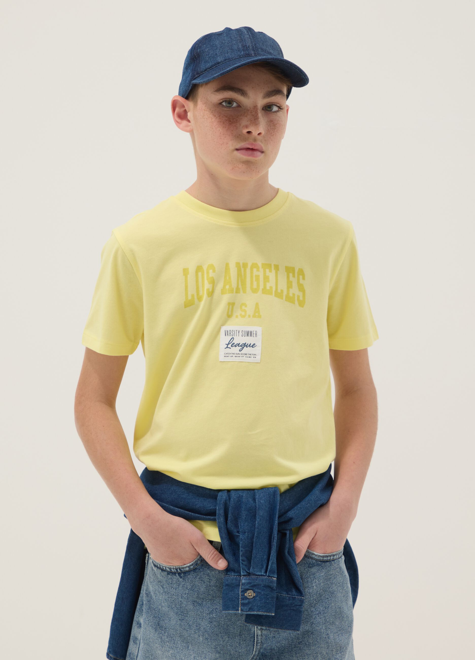 Yellow pure cotton boys' regular fit t-shirt with print
