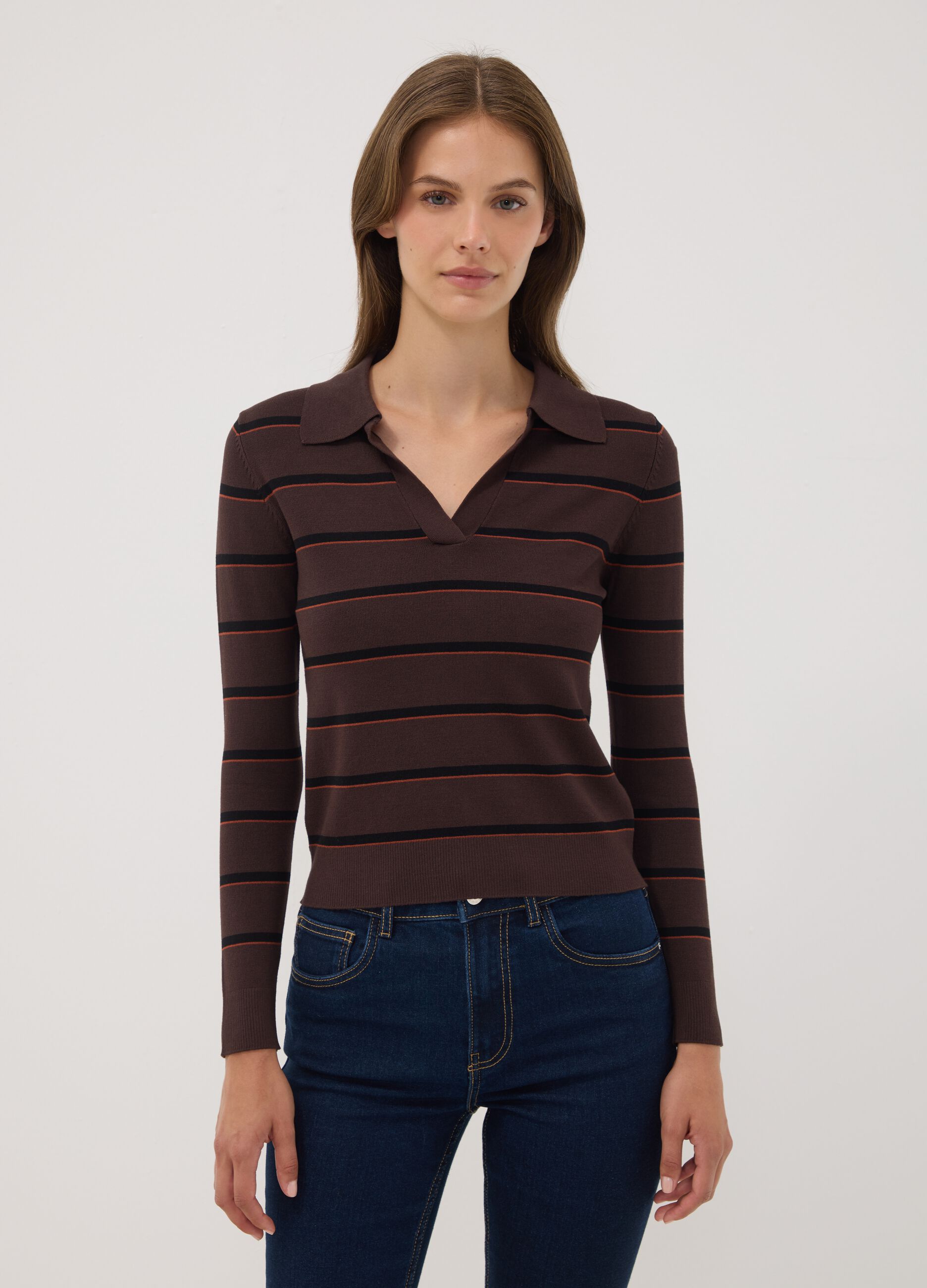 Brown viscose-blend polo-collar jumper, regular fit