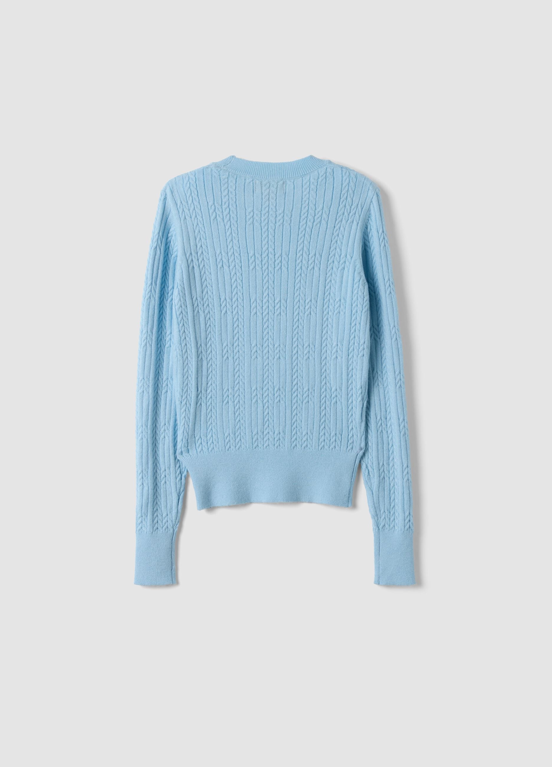 Sky-blue fitted viscose-blend cable-knit crew-neck jumper for girls