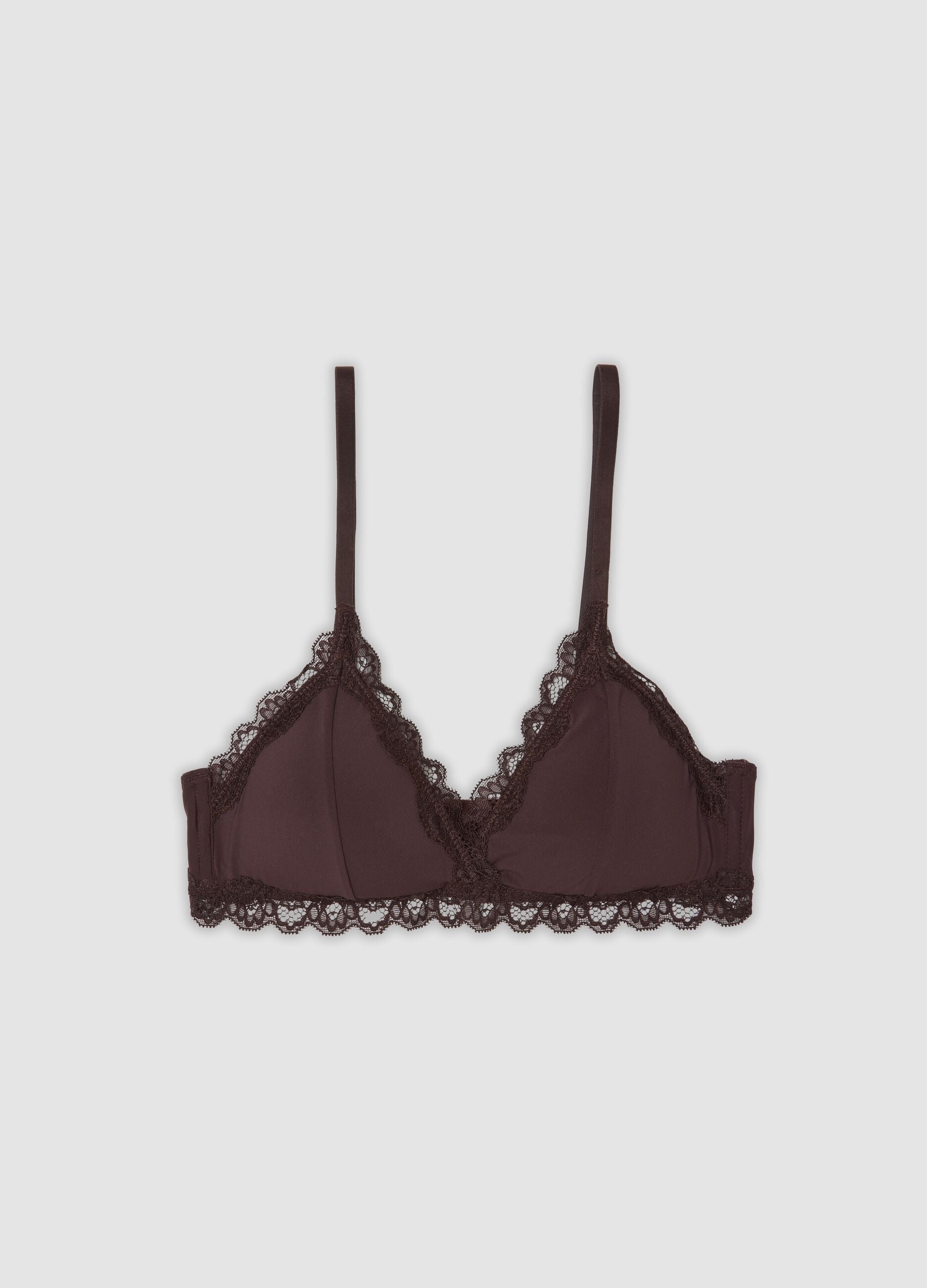 Brown stretch microfibre triangle bra with lace