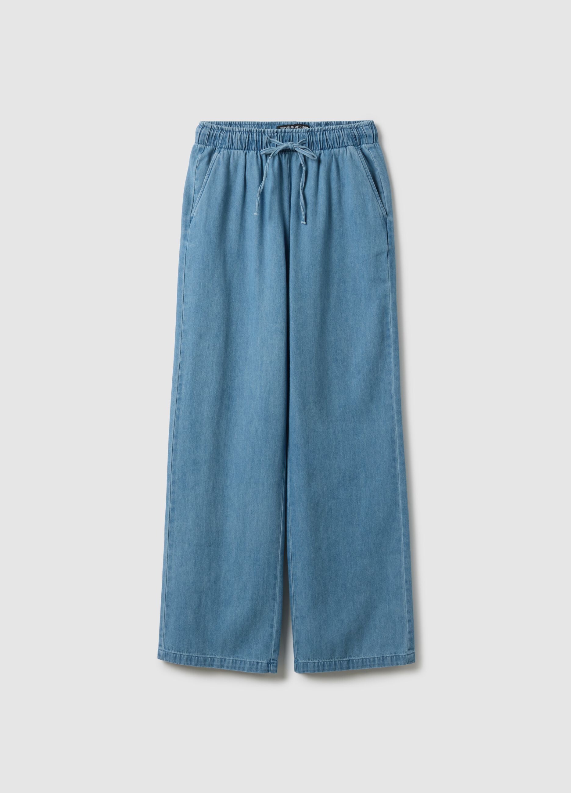 Blue wide leg denim trousers in pure cotton with elastic waistband