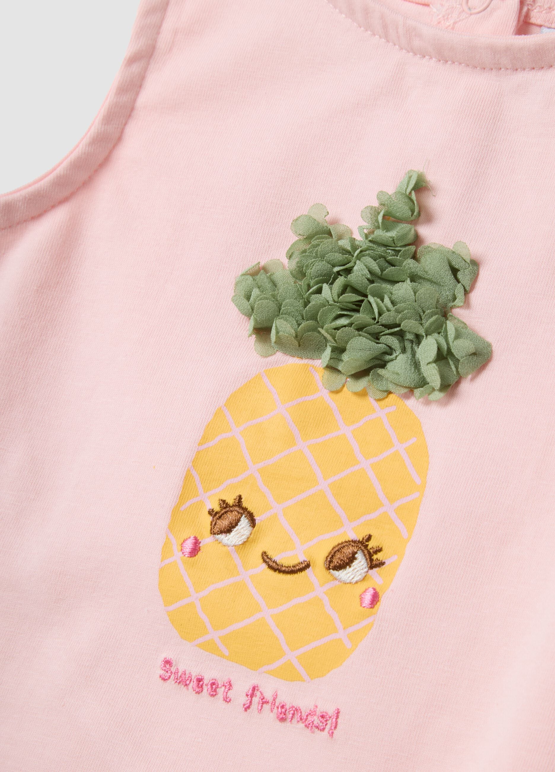 Pink stretch cotton fitted vest top with print and applique for baby girl