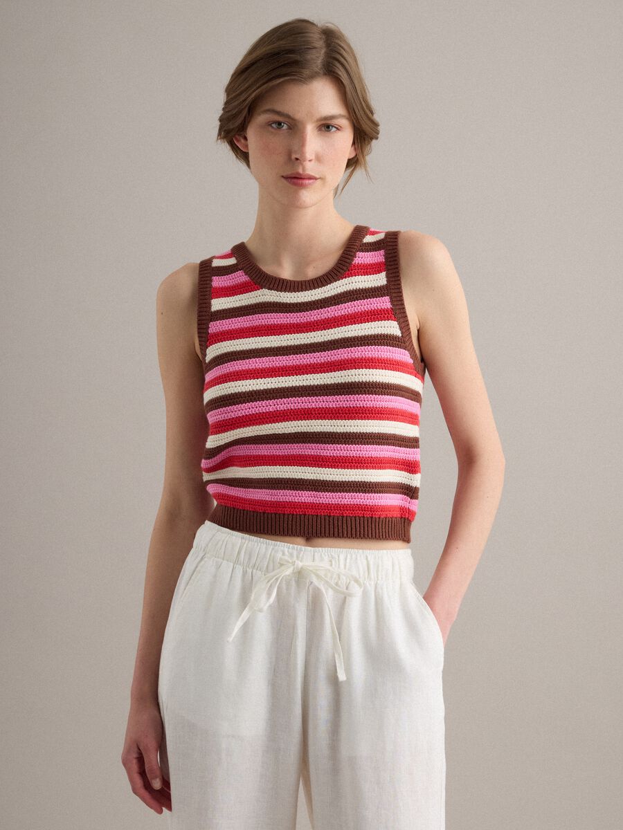 Fitted pure cotton knitted gilet with multicolour stripes_1