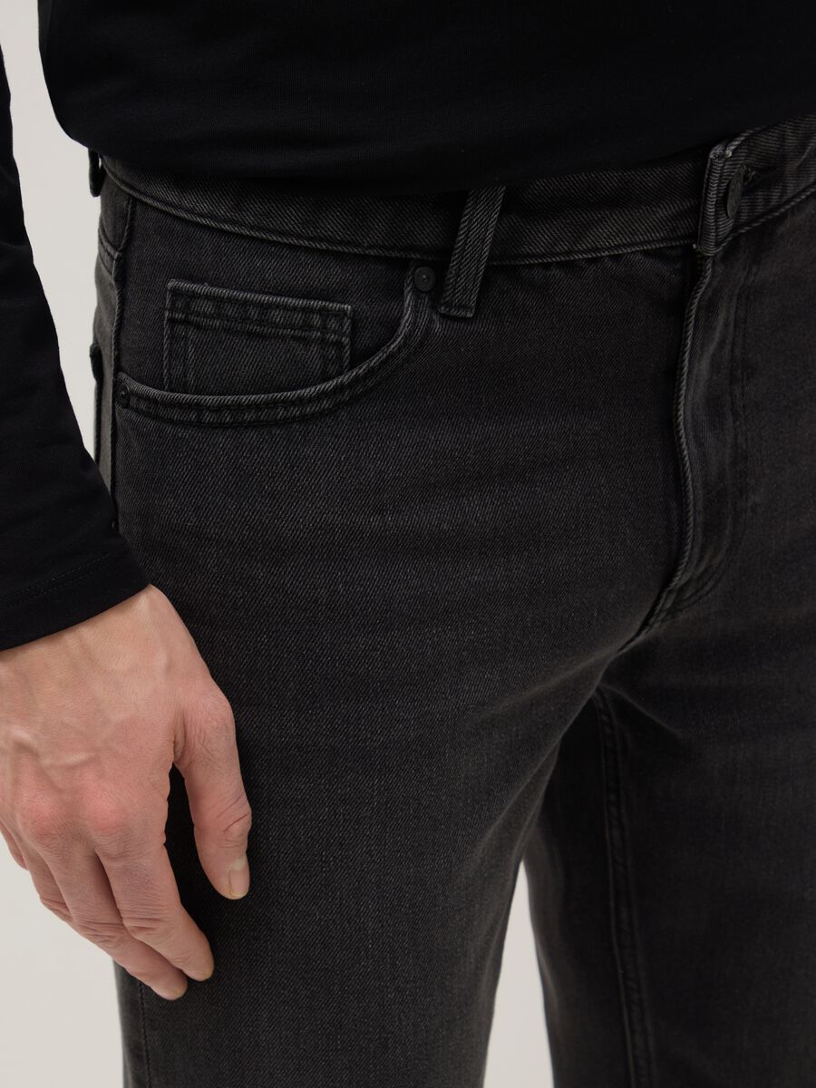 Black denim cotton blend regular fit stretch jeans_4
