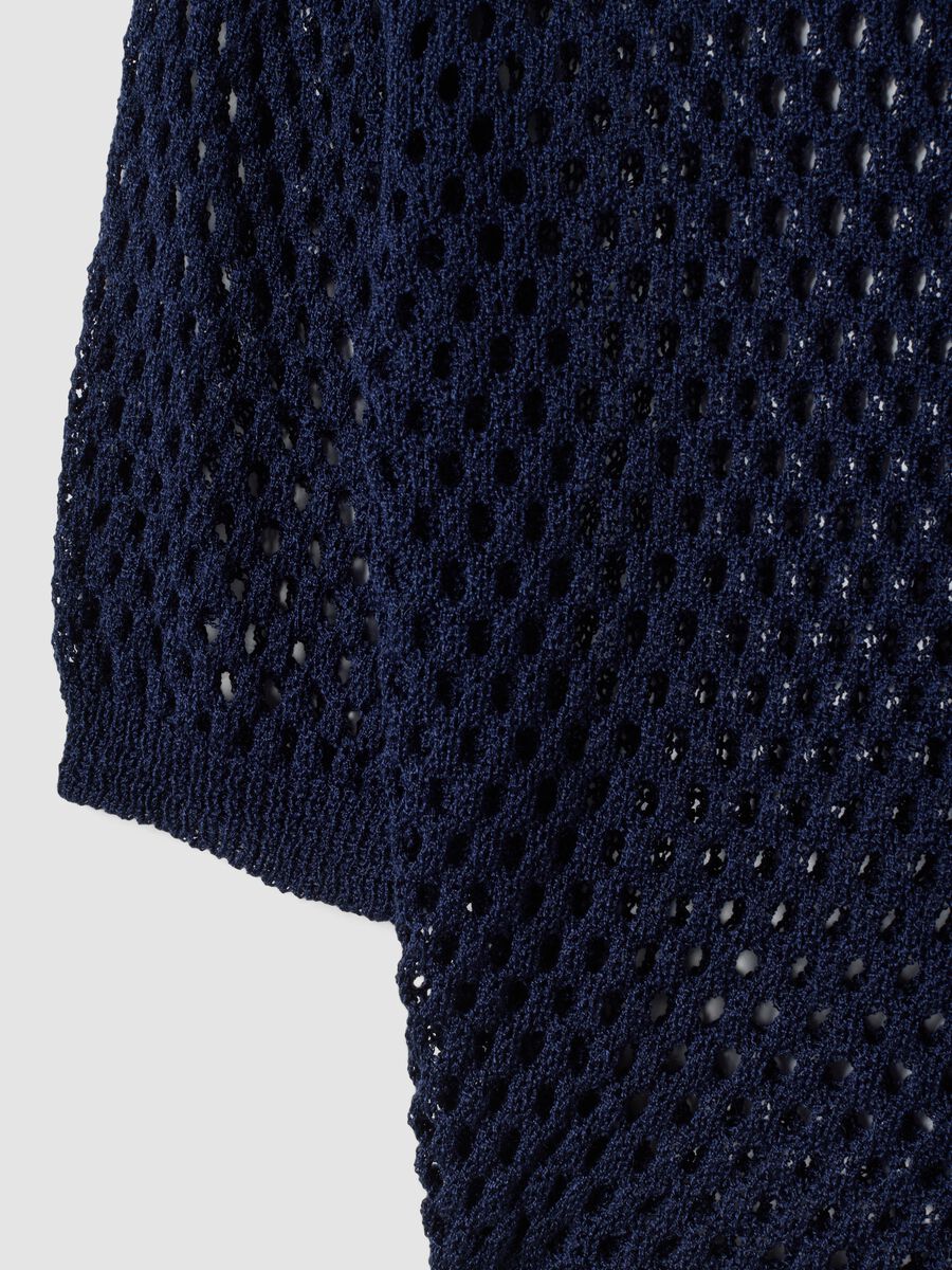 Blue open-knit three-quarter sleeve top_5