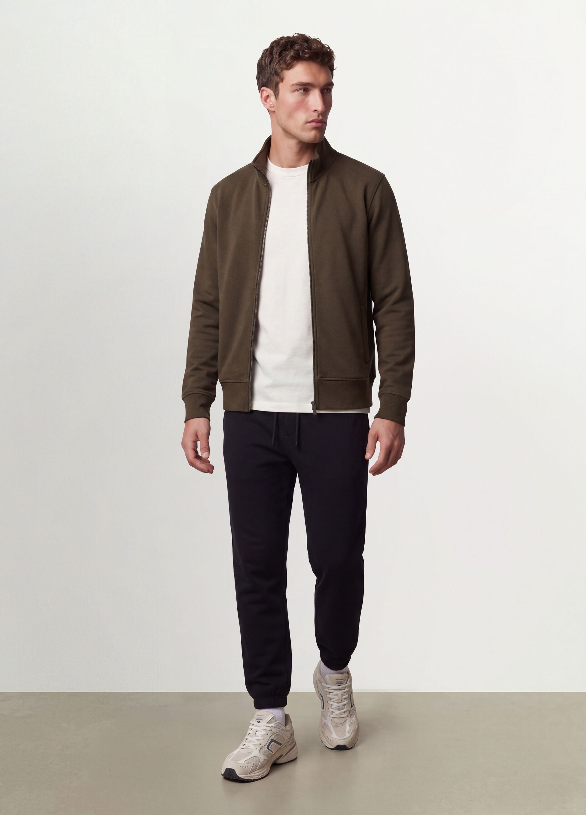 Felpa verde in misto cotone con girocollo e zip regular fit