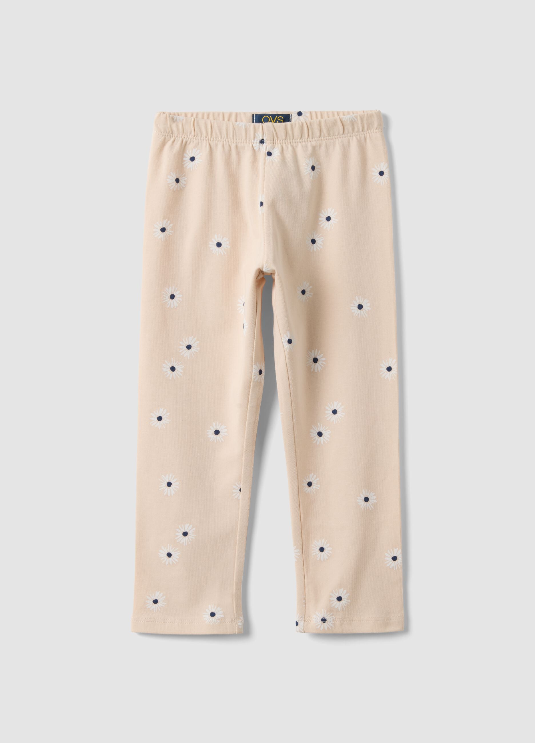 Girls' beige skinny leggings in stretch cotton with flowers