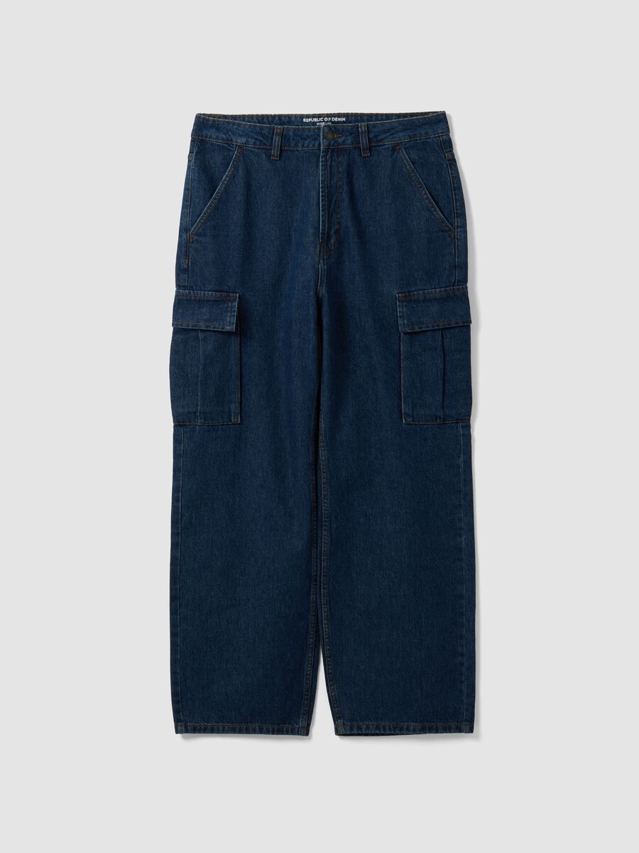 Dark blue pure cotton wide-leg cargo jeans_0