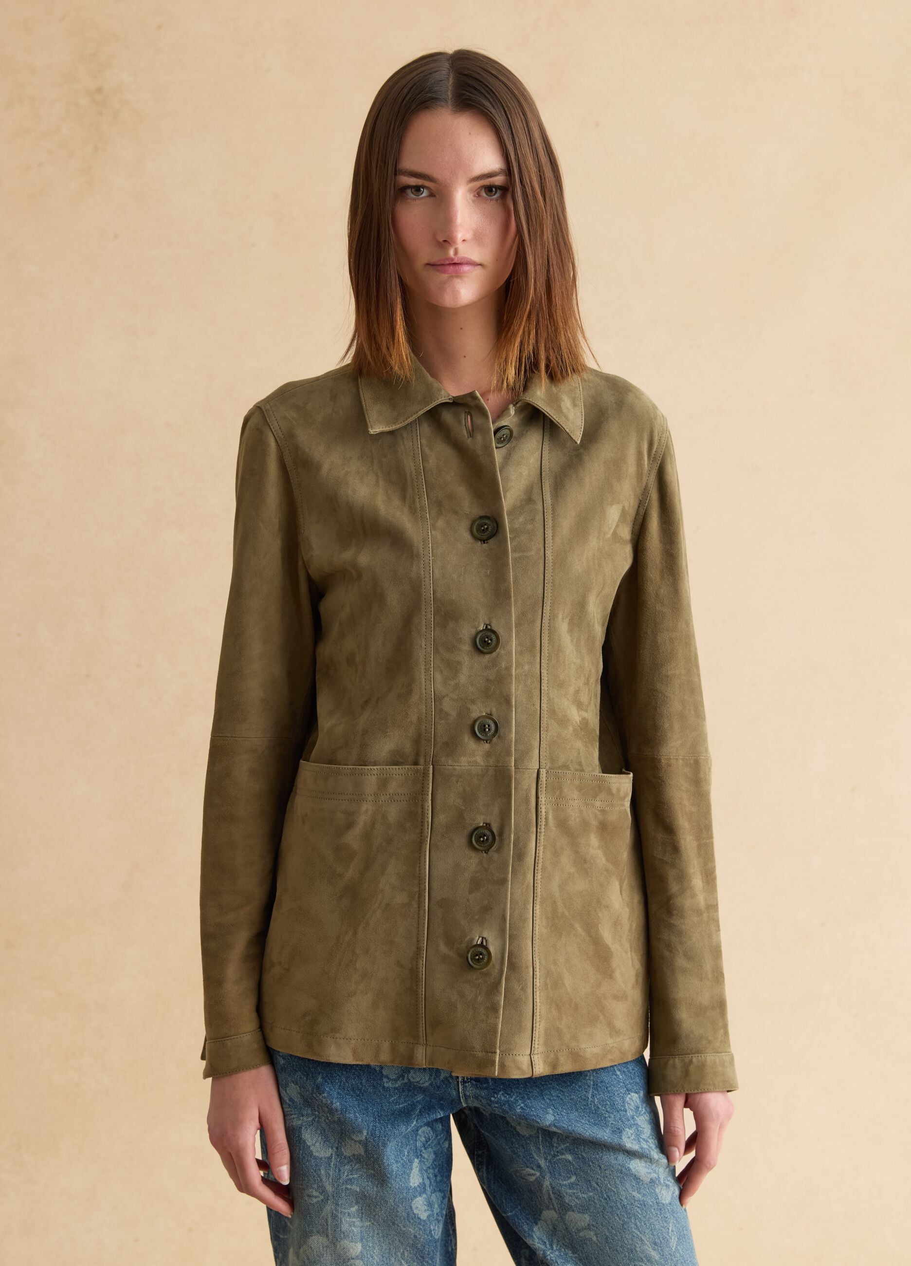 Green genuine leather jacket, regular fit with buttons