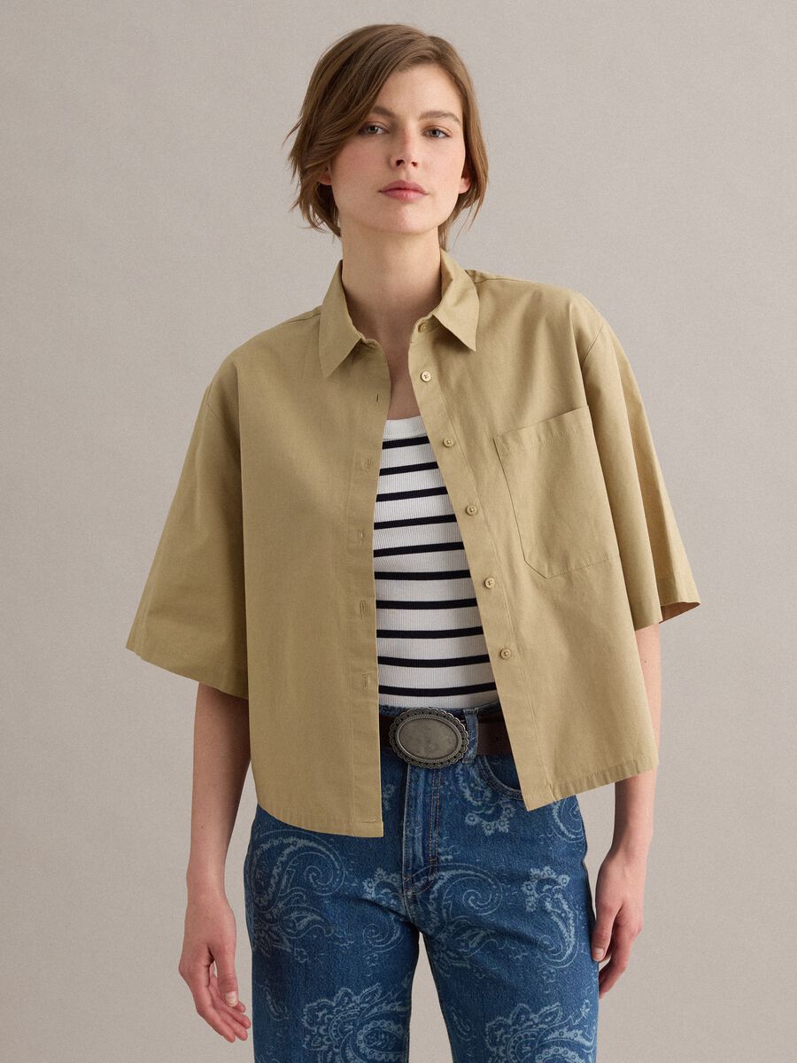 Camicia beige in puro cotone con taschino over fit_1